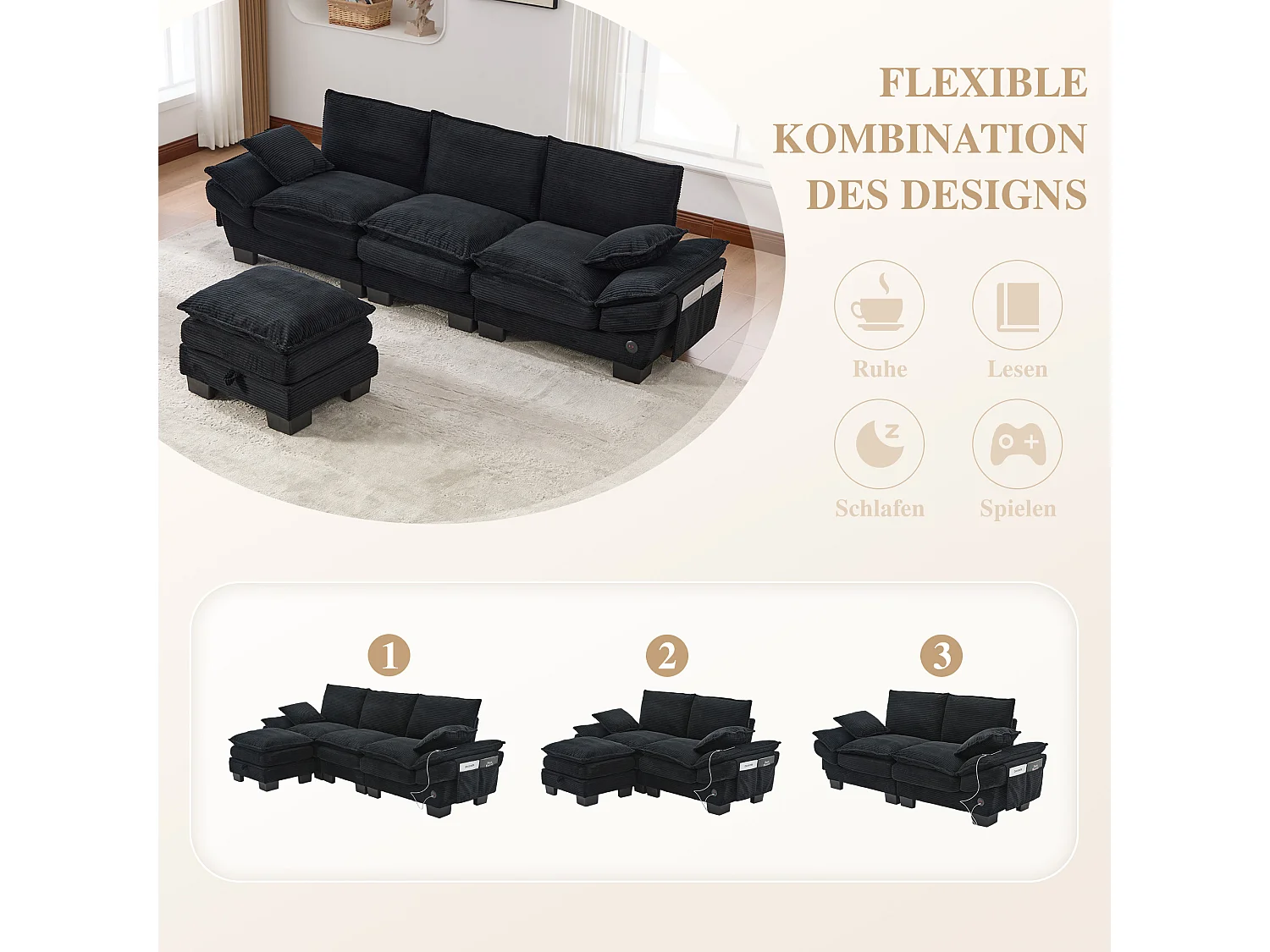 Canapé d'angle 3 places modulable avec pouf, USB-C et poches latérales - Velours côtelé noir
