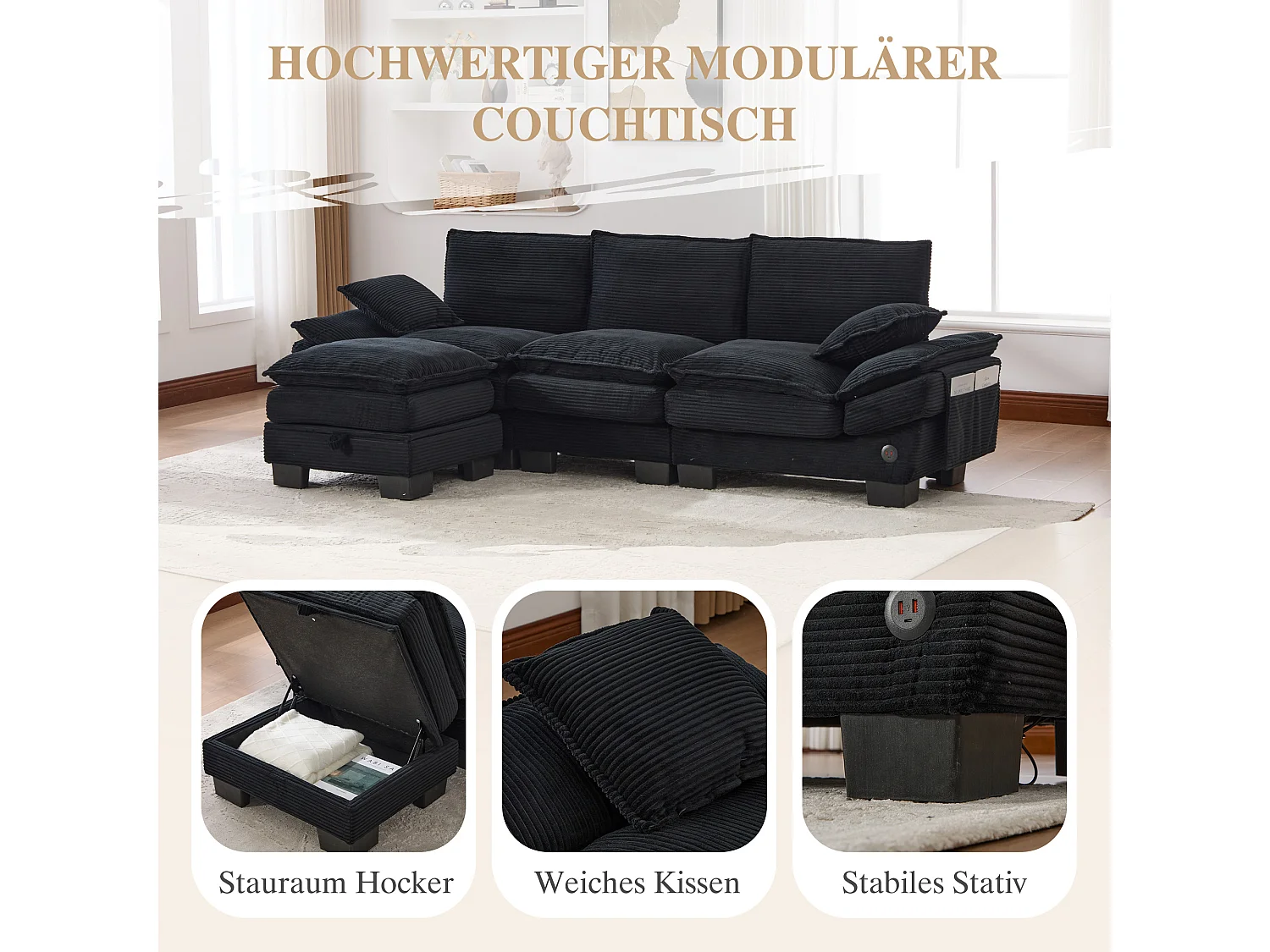 Canapé d'angle 3 places modulable avec pouf, USB-C et poches latérales - Velours côtelé noir