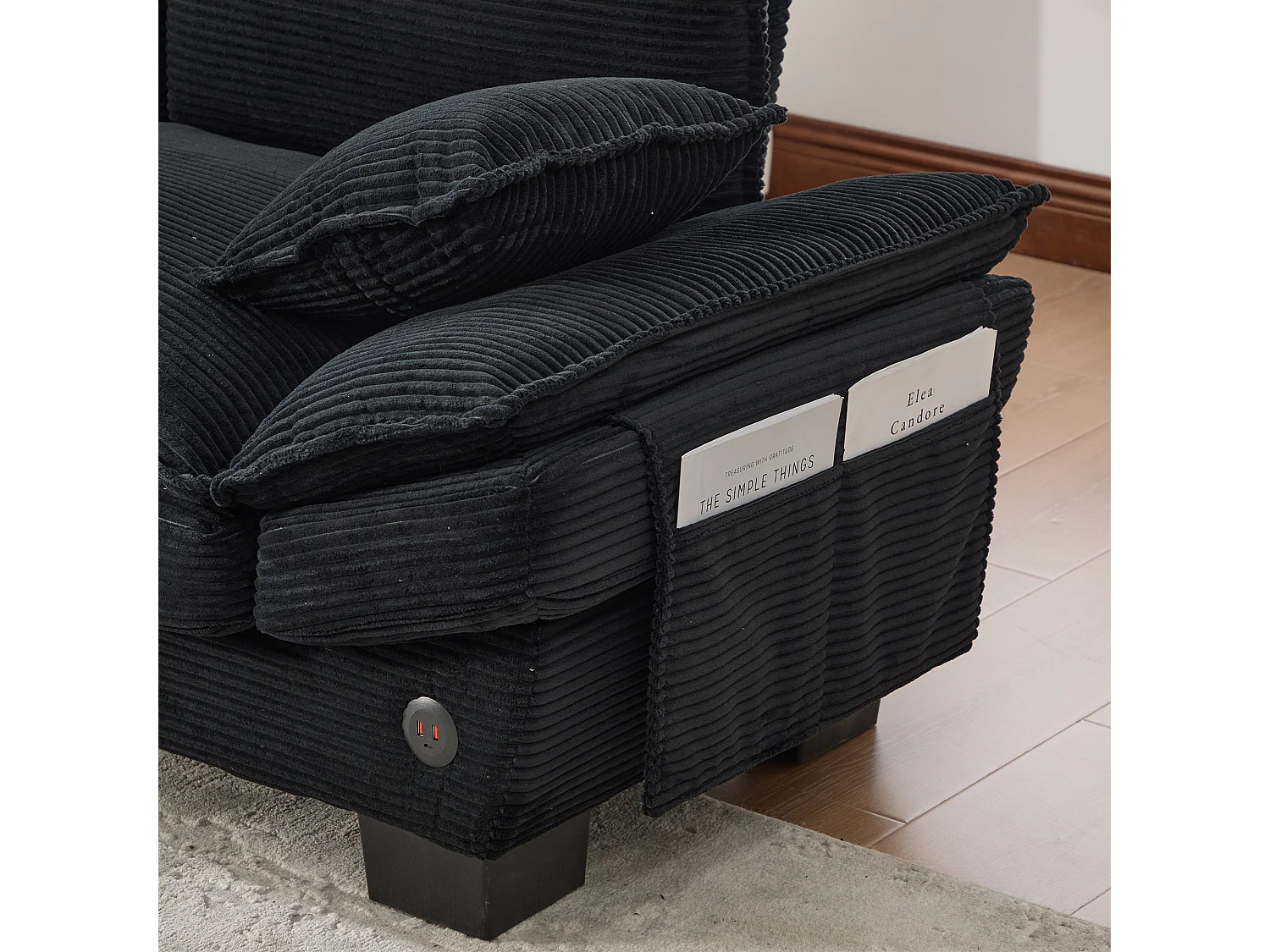 Canapé d'angle 3 places modulable avec pouf, USB-C et poches latérales - Velours côtelé noir