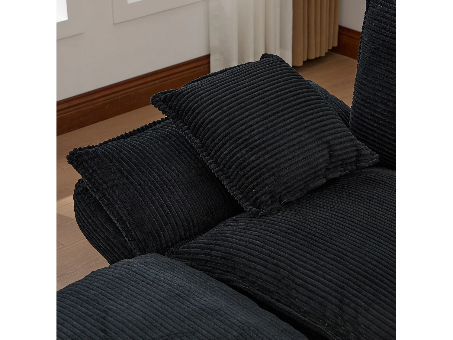 Canapé d'angle 3 places modulable avec pouf, USB-C et poches latérales - Velours côtelé noir