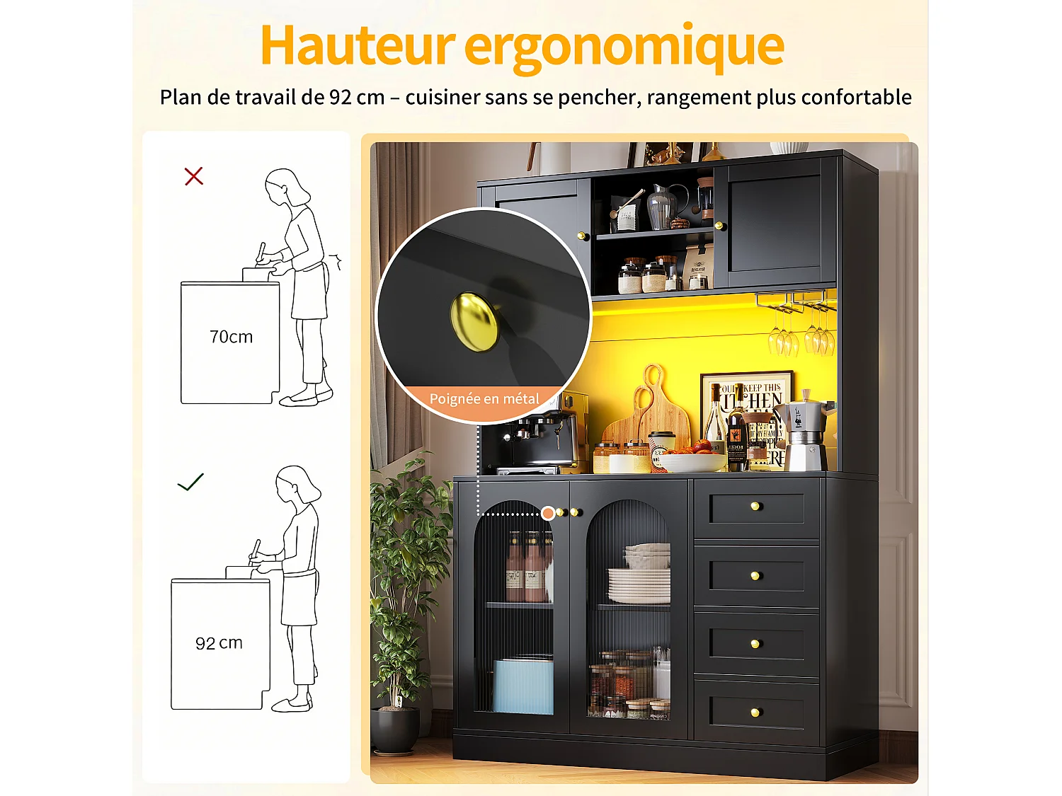 Buffet de cuisine 120 x 40 x 188 cm avec 4 portes, 3 tiroirs , LED et porte-gobelets - Noir