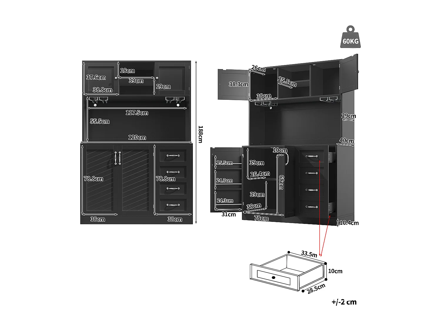 Buffet de cuisine avec LED, 4 portes et 2 tiroirs - Noir 120x40x188 cm