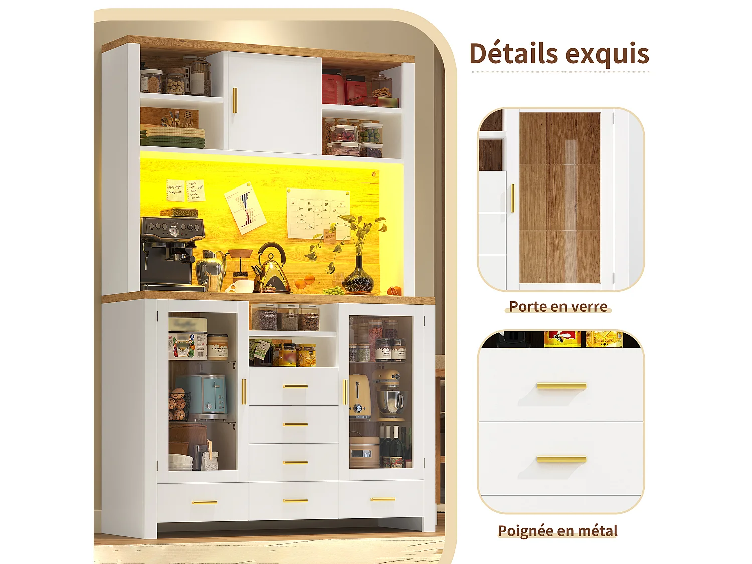 Buffet de cuisine 120 x 40 x 188 cm avec 3 portes, LED et 6 tiroirs - Blanc