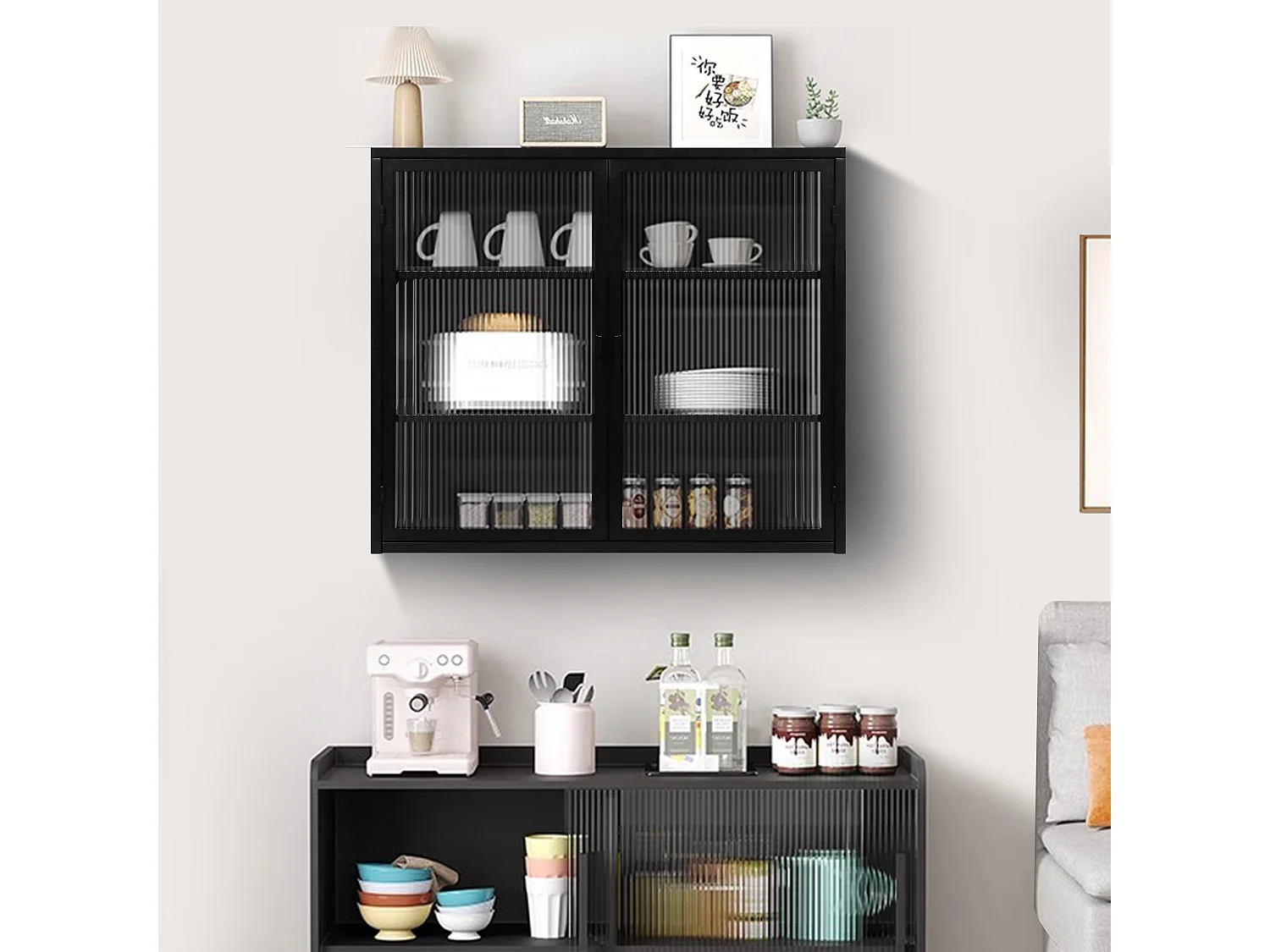 Armoire murale 70 cm avec 2 portes vitrées et 3 niveaux - Noir