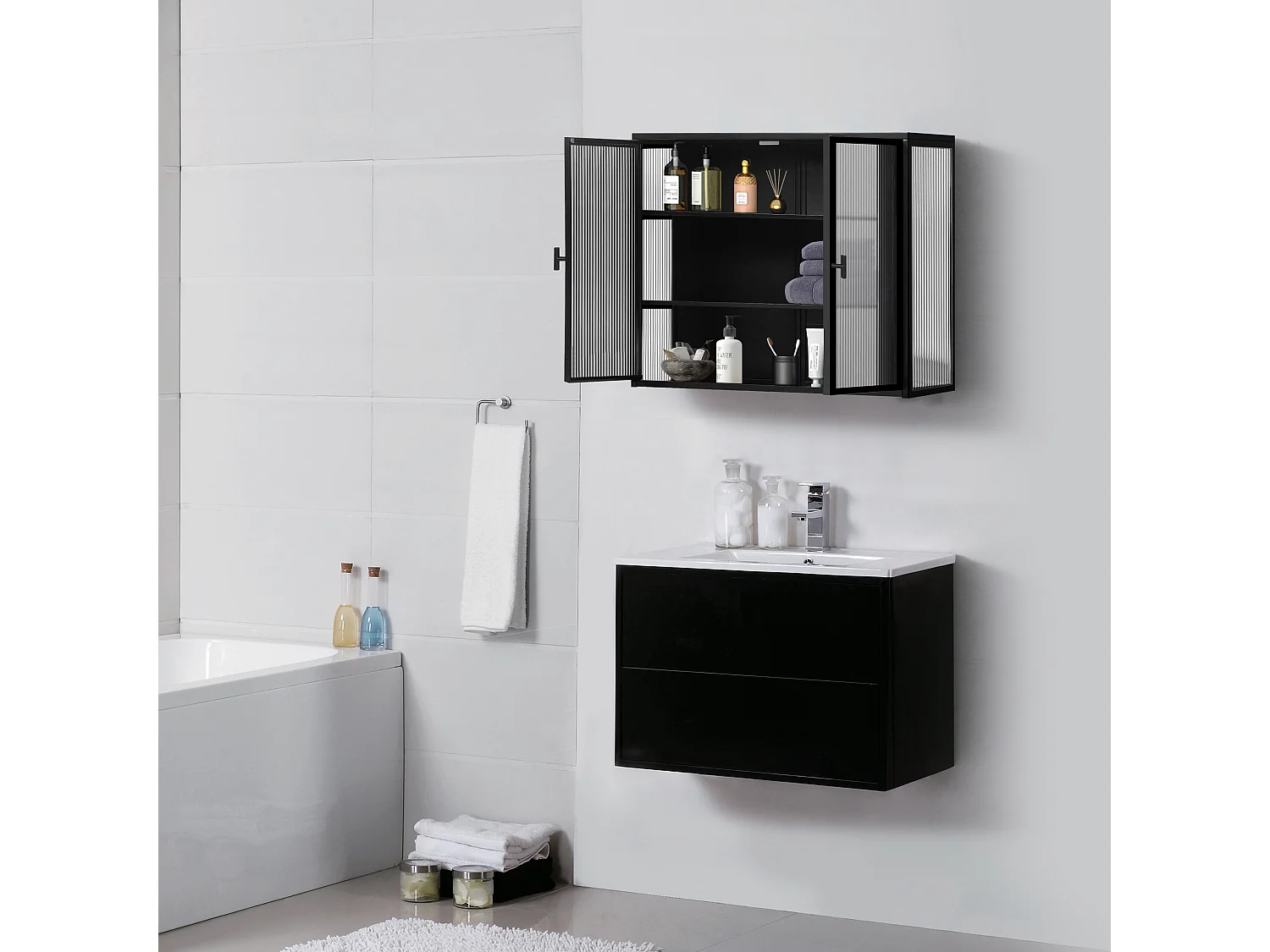 Armoire murale 70 cm avec 2 portes vitrées et 3 niveaux - Noir