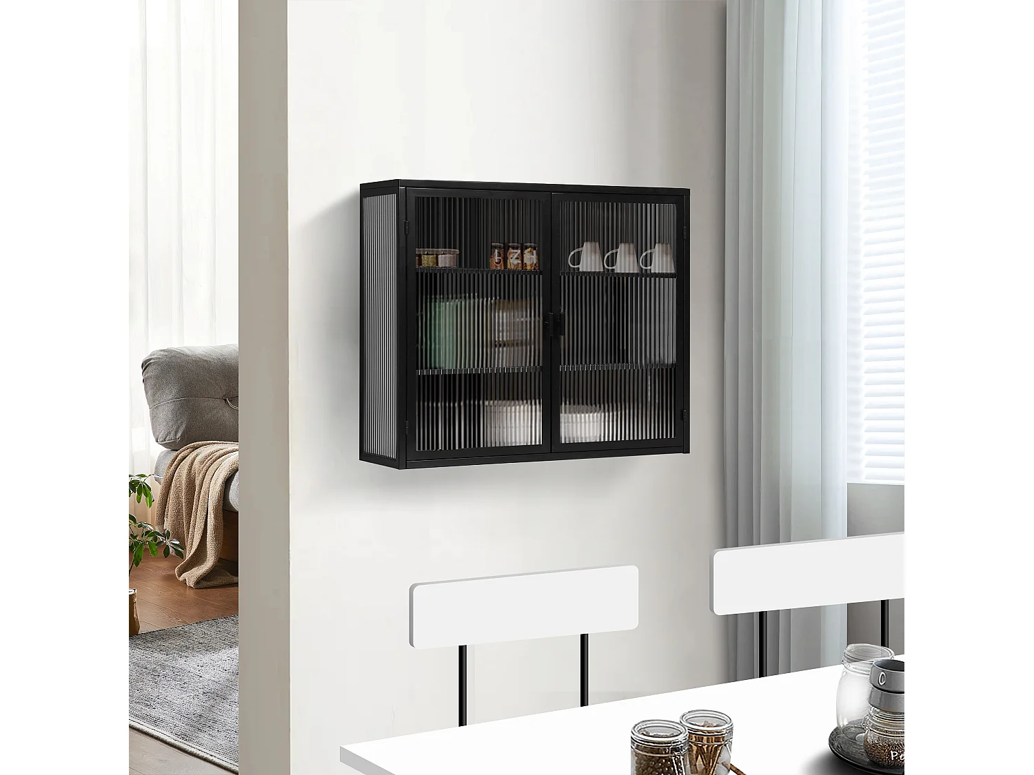 Armoire murale 70 cm avec 2 portes vitrées et 3 niveaux - Noir