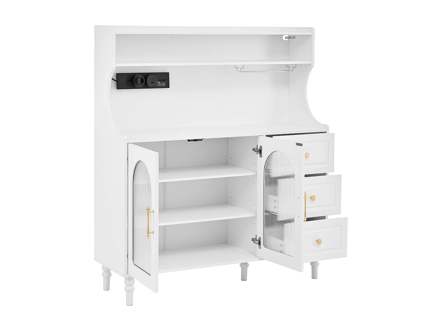 Buffet de cuisine avec 3 tiroirs, 2 portes en verre et ports USB/Type-C - Blanc