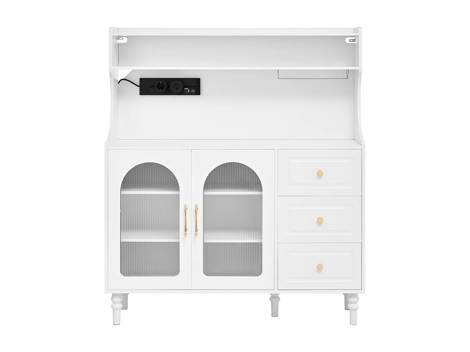 Buffet de cuisine avec 3 tiroirs, 2 portes en verre et ports USB/Type-C - Blanc