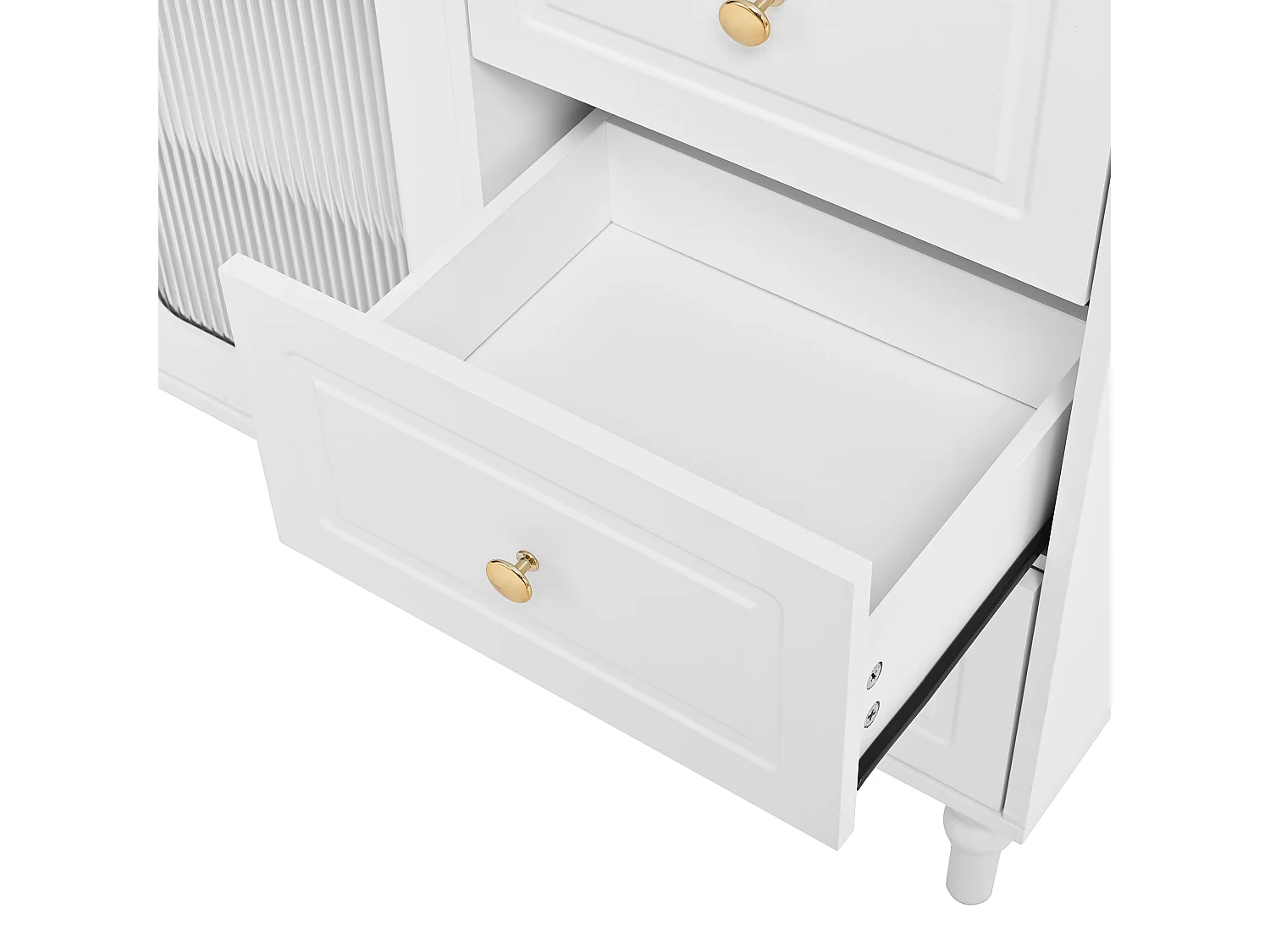 Buffet de cuisine avec 3 tiroirs, 2 portes en verre et ports USB/Type-C - Blanc