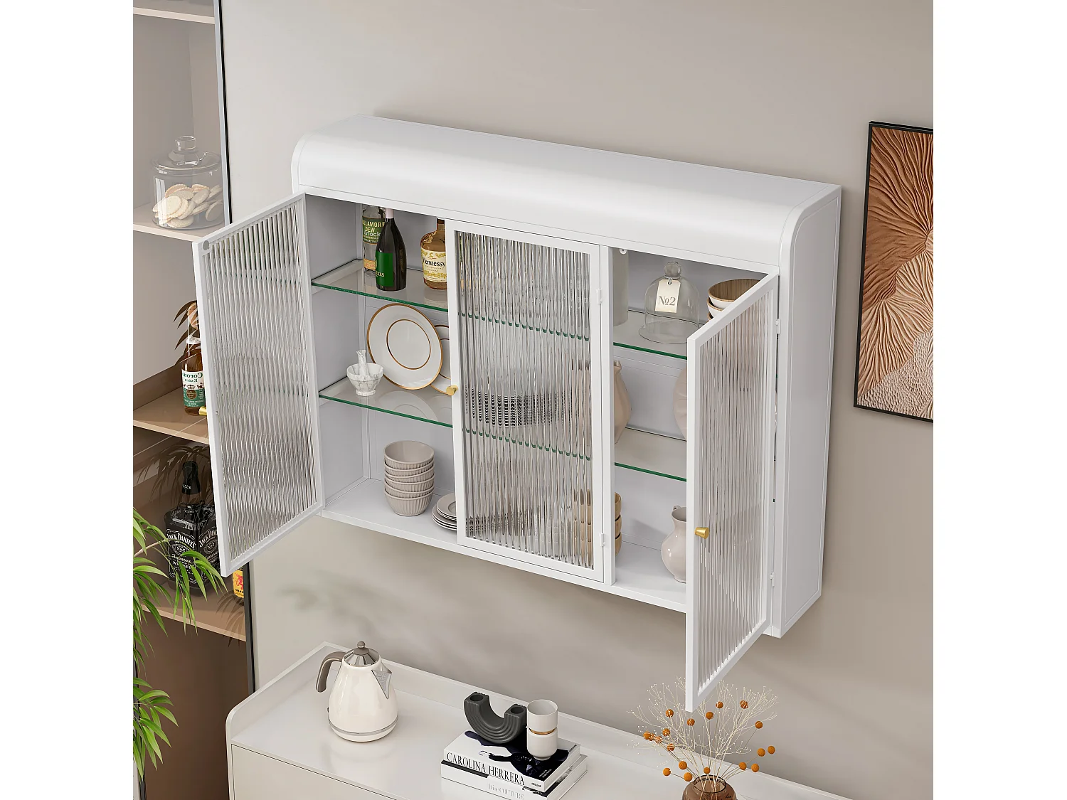 Armoire murale avec 3 portes - Métal + verre, blanc