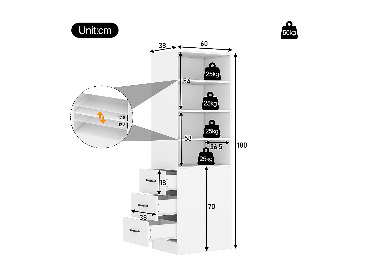 Bibliothèque avec 3 tiroirs latéraux et étagères - Blanc 60x38x180 cm