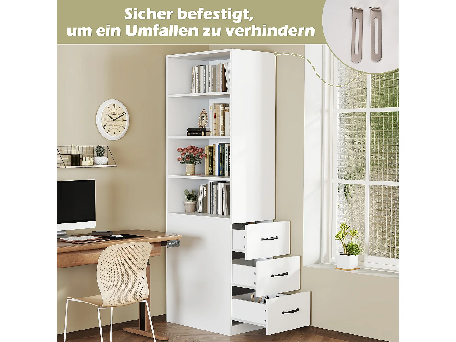 Bibliothèque avec 3 tiroirs latéraux et étagères - Blanc 60x38x180 cm