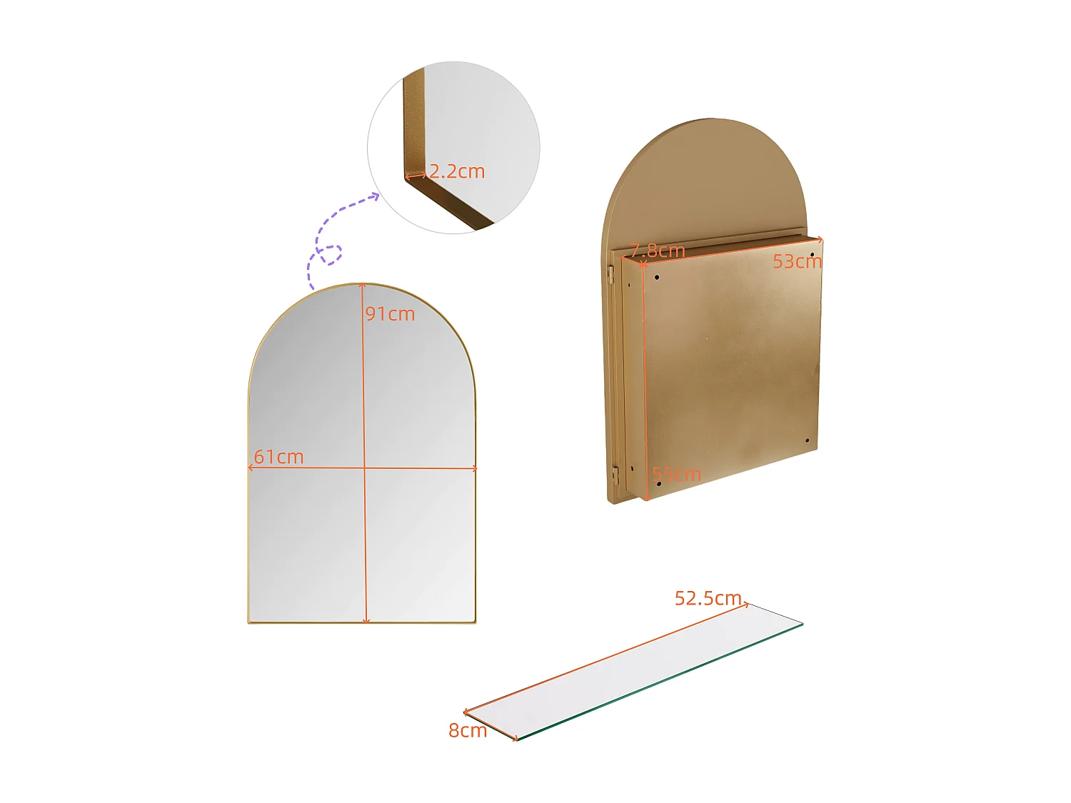 Miroir arquée avec rangement caché - Cadre en métal - Doré