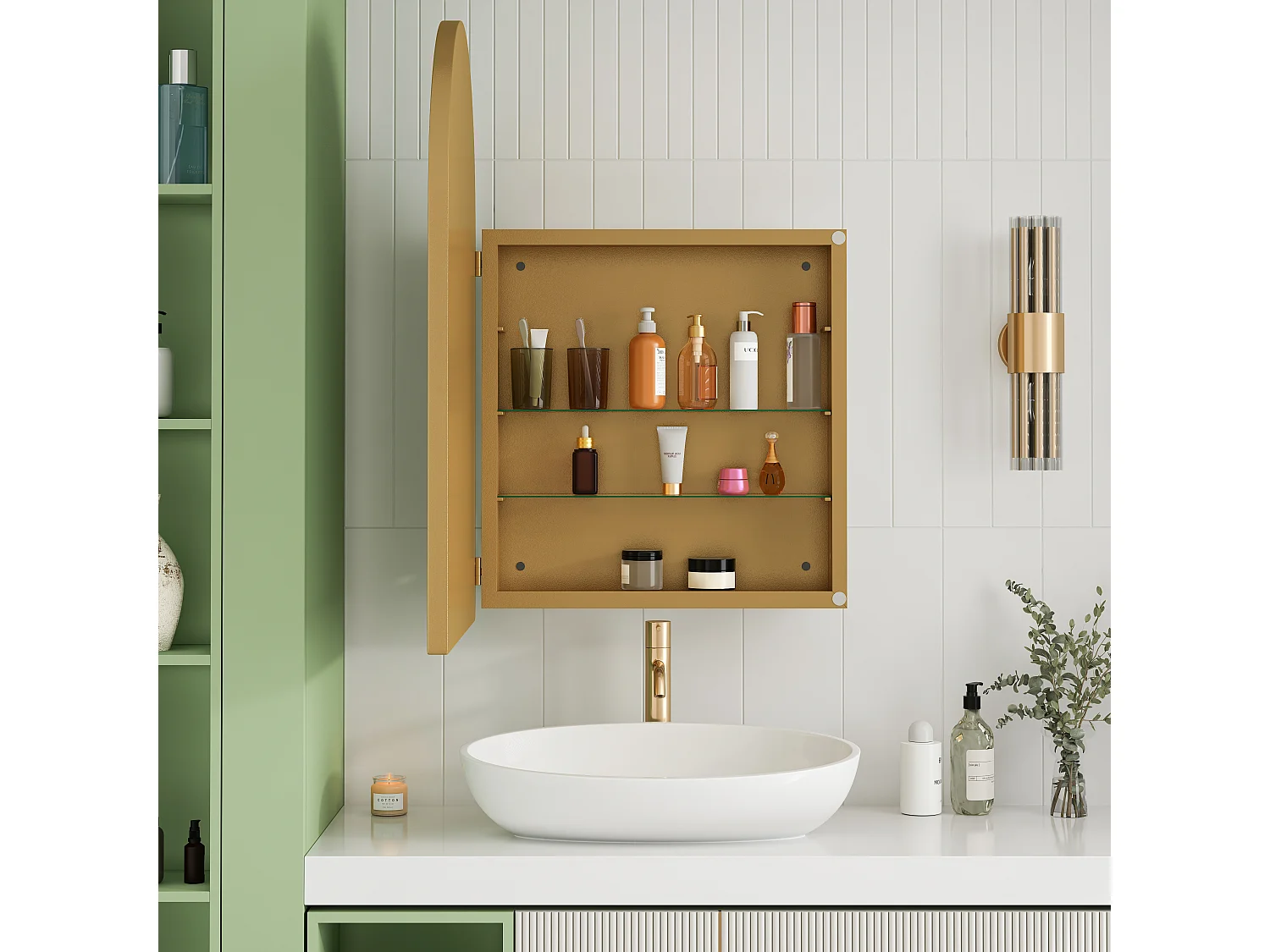 Miroir arquée avec rangement caché - Cadre en métal - Doré