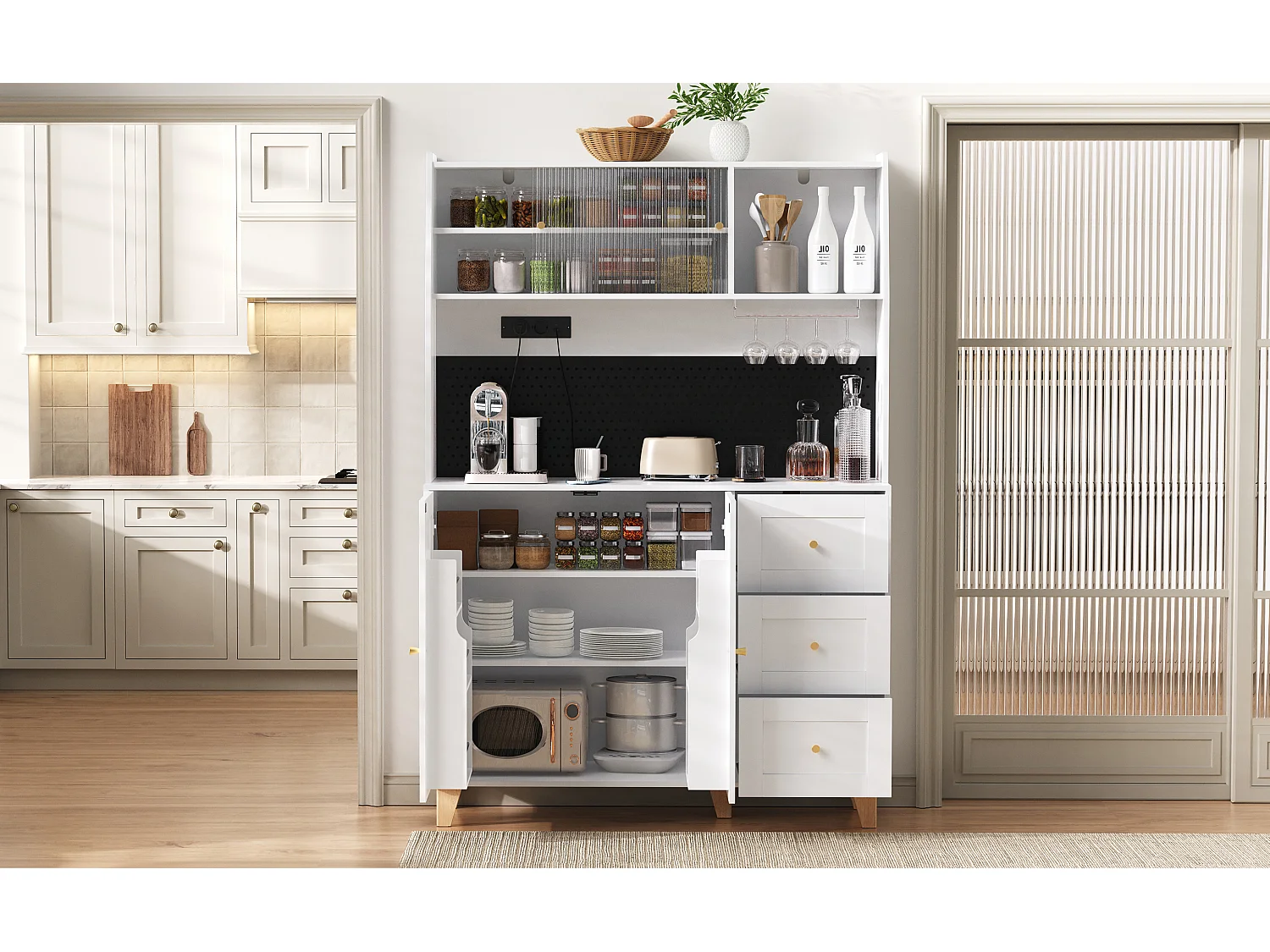 Buffet de cuisine blanc avec ports de charge, 3 tiroirs, armoire et 2 portes coulissantes