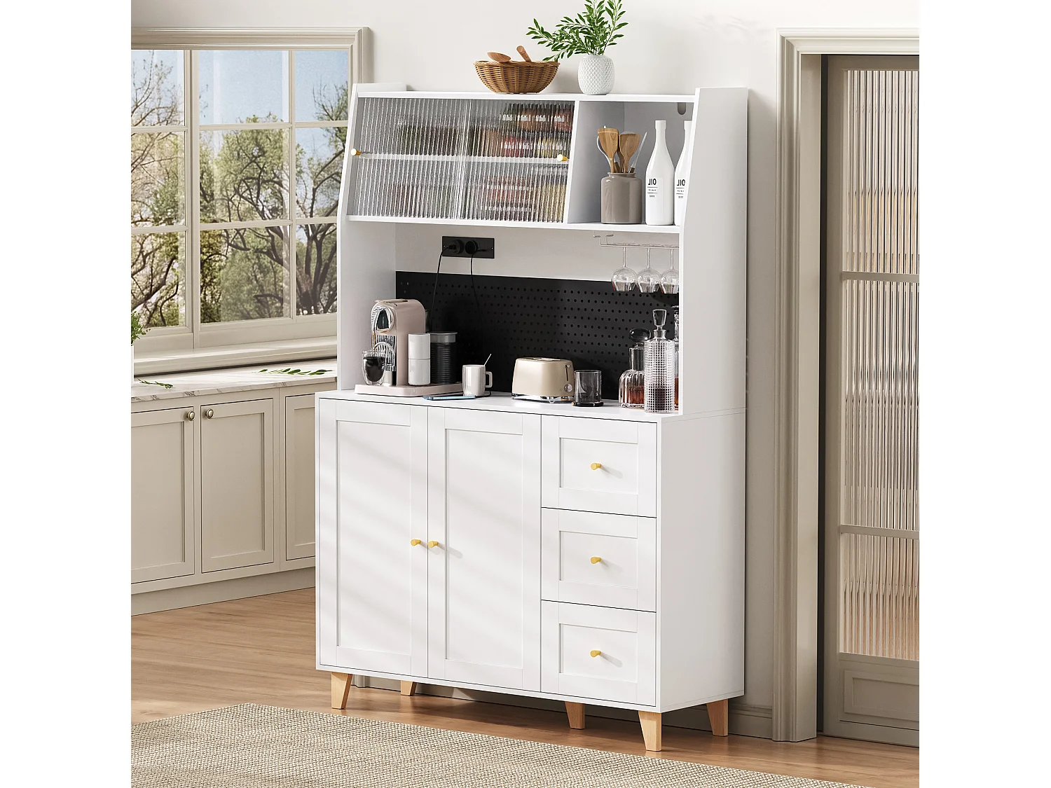 Buffet de cuisine blanc avec ports de charge, 3 tiroirs, armoire et 2 portes coulissantes