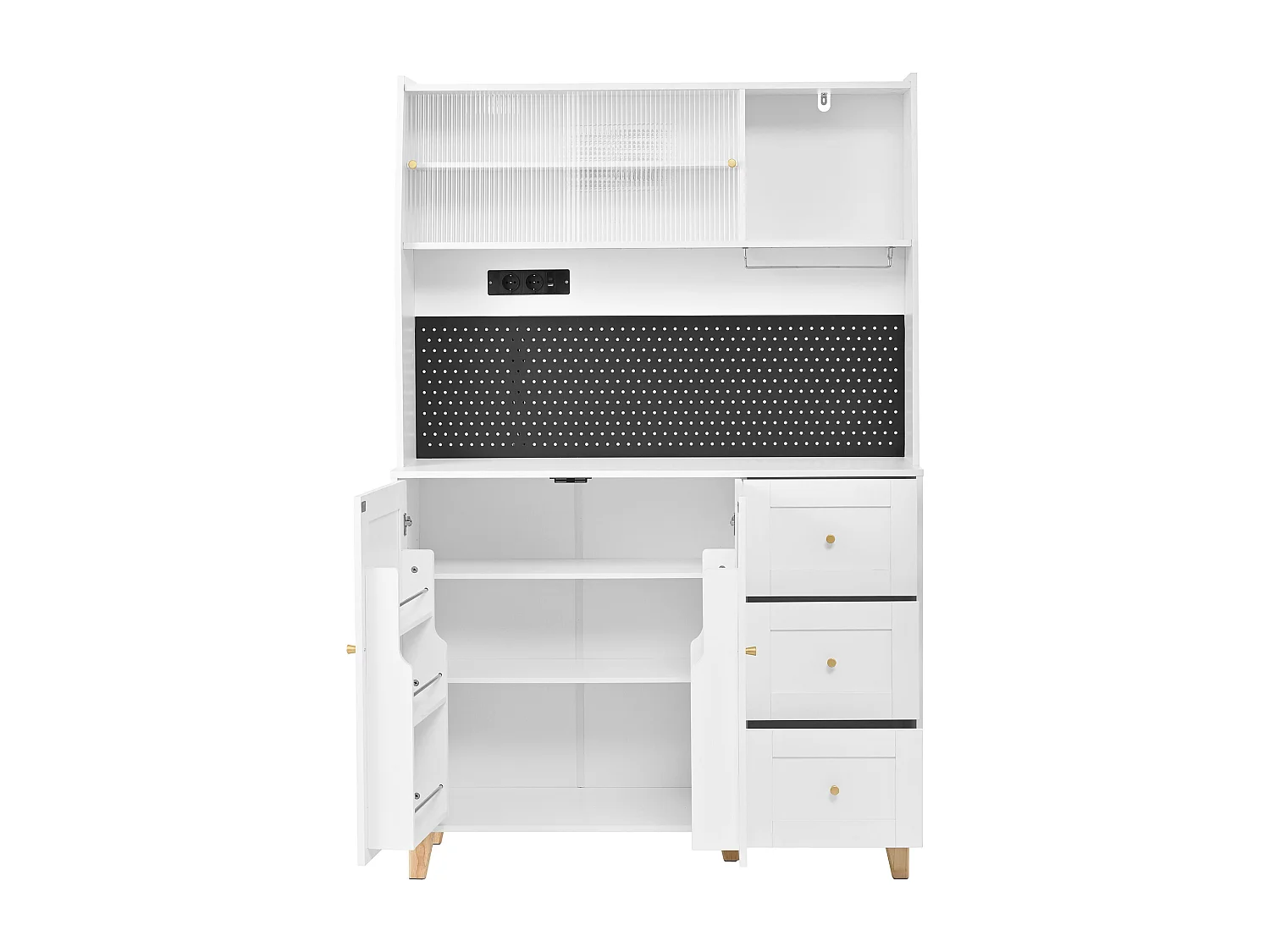 Buffet de cuisine blanc avec ports de charge, 3 tiroirs, armoire et 2 portes coulissantes