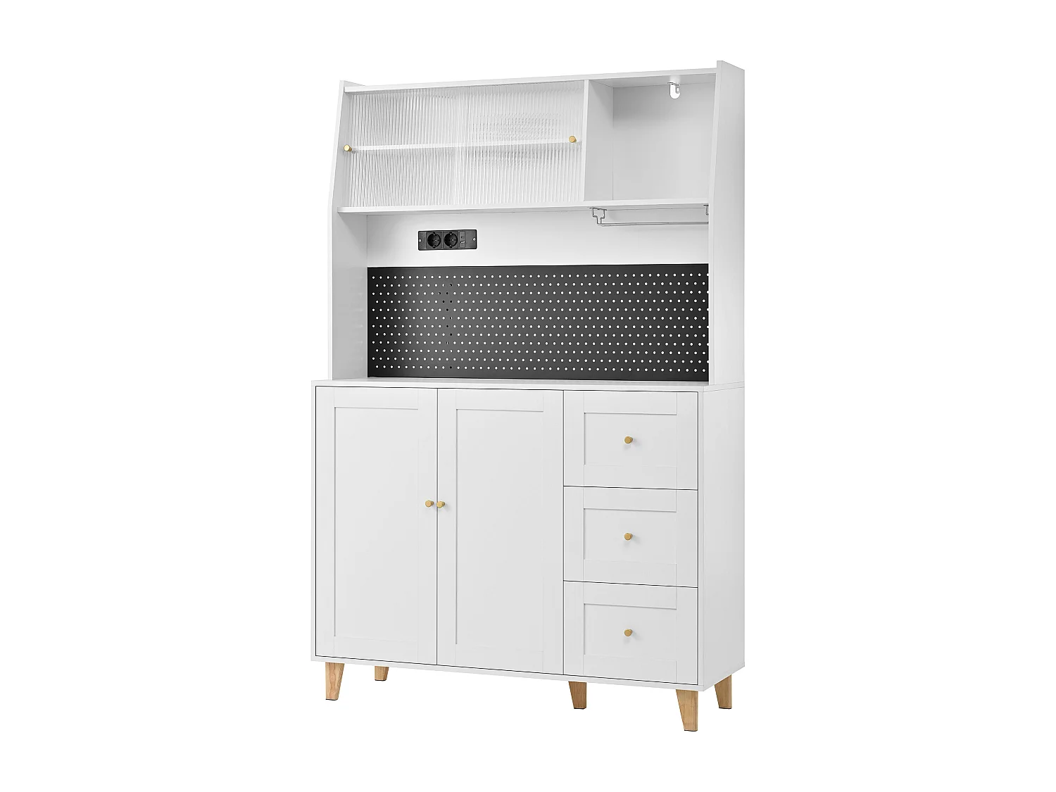 Buffet de cuisine blanc avec ports de charge, 3 tiroirs, armoire et 2 portes coulissantes