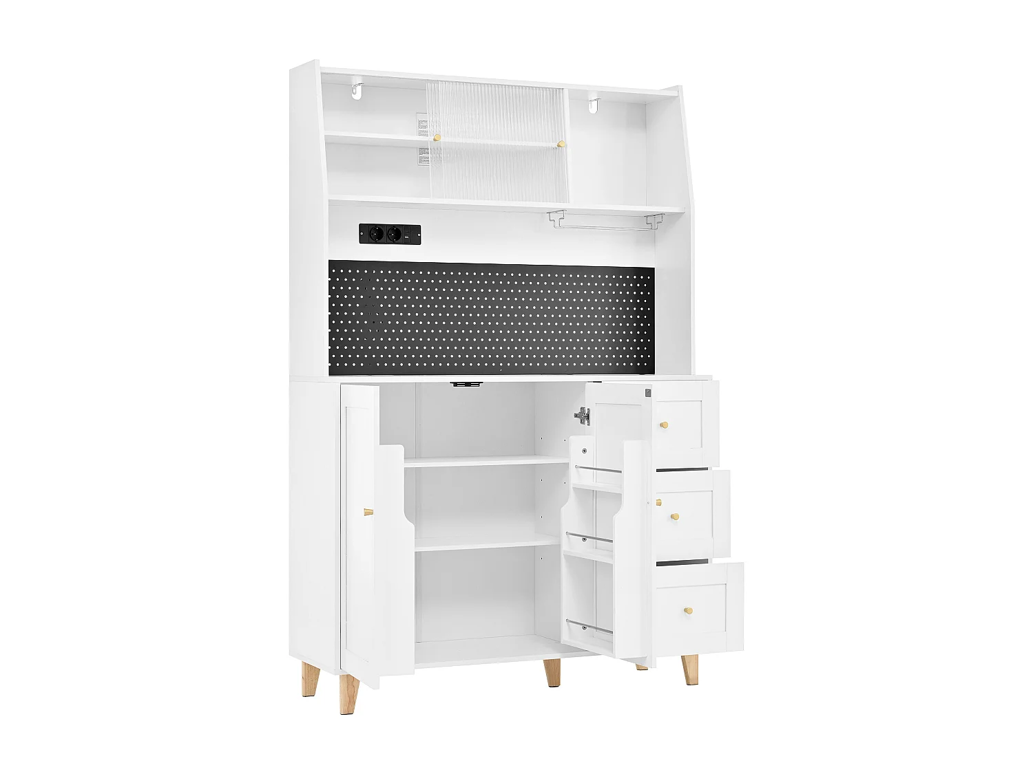 Buffet de cuisine blanc avec ports de charge, 3 tiroirs, armoire et 2 portes coulissantes