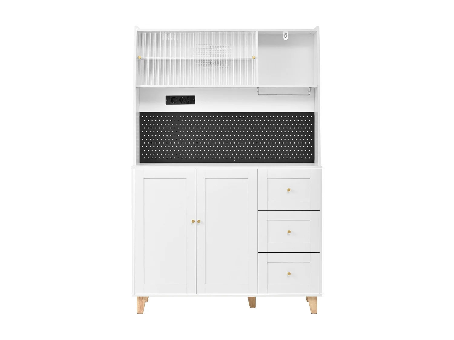 Buffet de cuisine blanc avec ports de charge, 3 tiroirs, armoire et 2 portes coulissantes