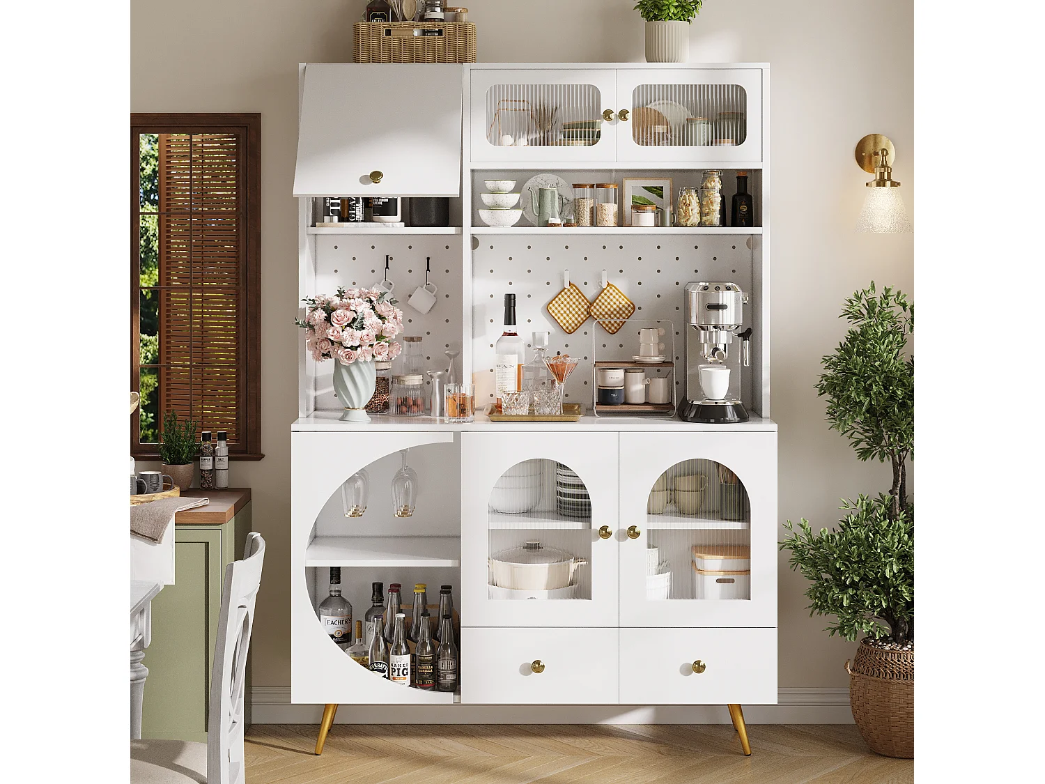 Buffet de cuisine avec LED, prises USB et panneau perforé, 2 tiroirs - Blanc 120x40x176 cm