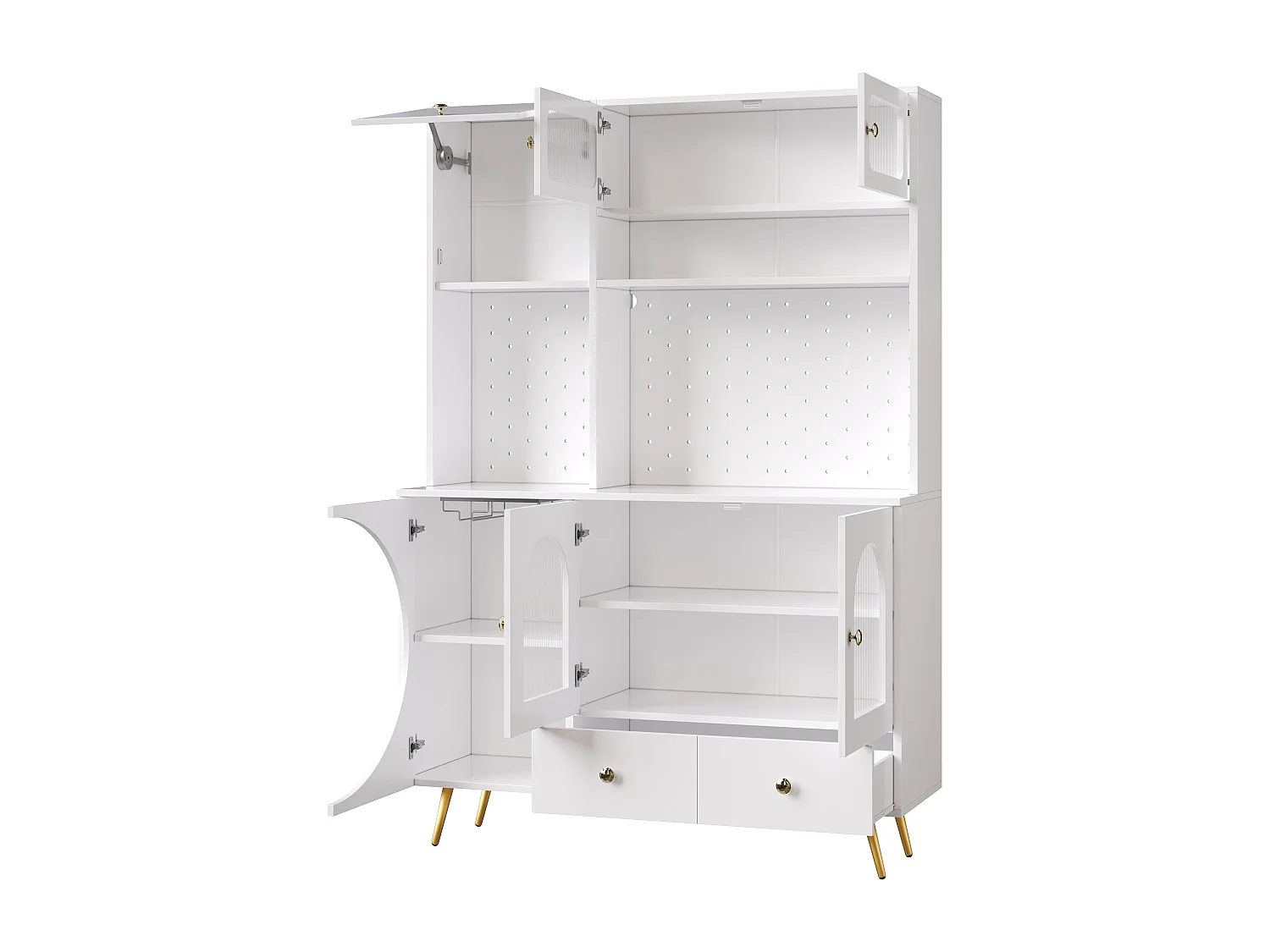 Buffet de cuisine avec LED, prises USB et panneau perforé, 2 tiroirs - Blanc 120x40x176 cm