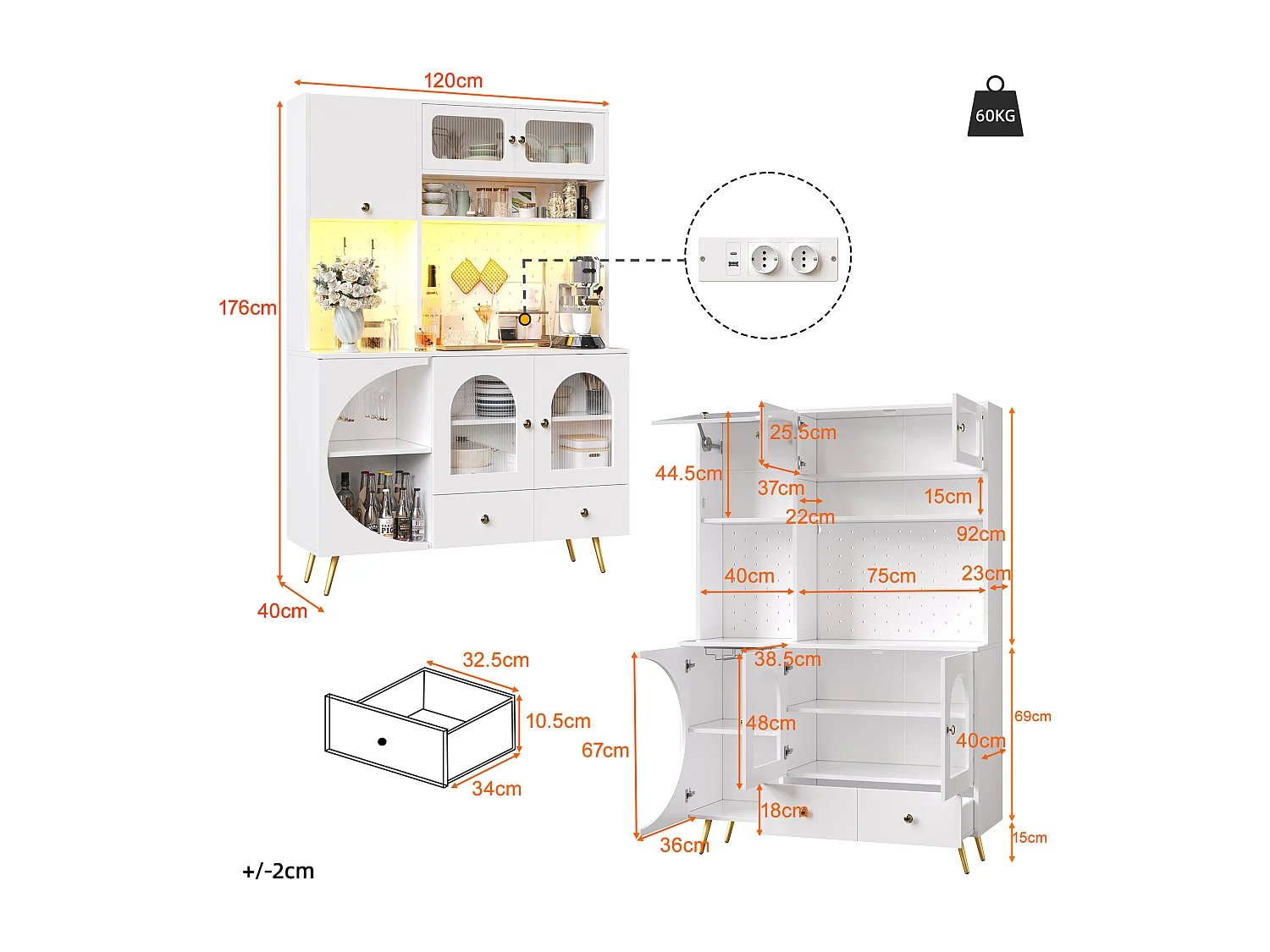 Buffet de cuisine avec LED, prises USB et panneau perforé, 2 tiroirs - Blanc 120x40x176 cm