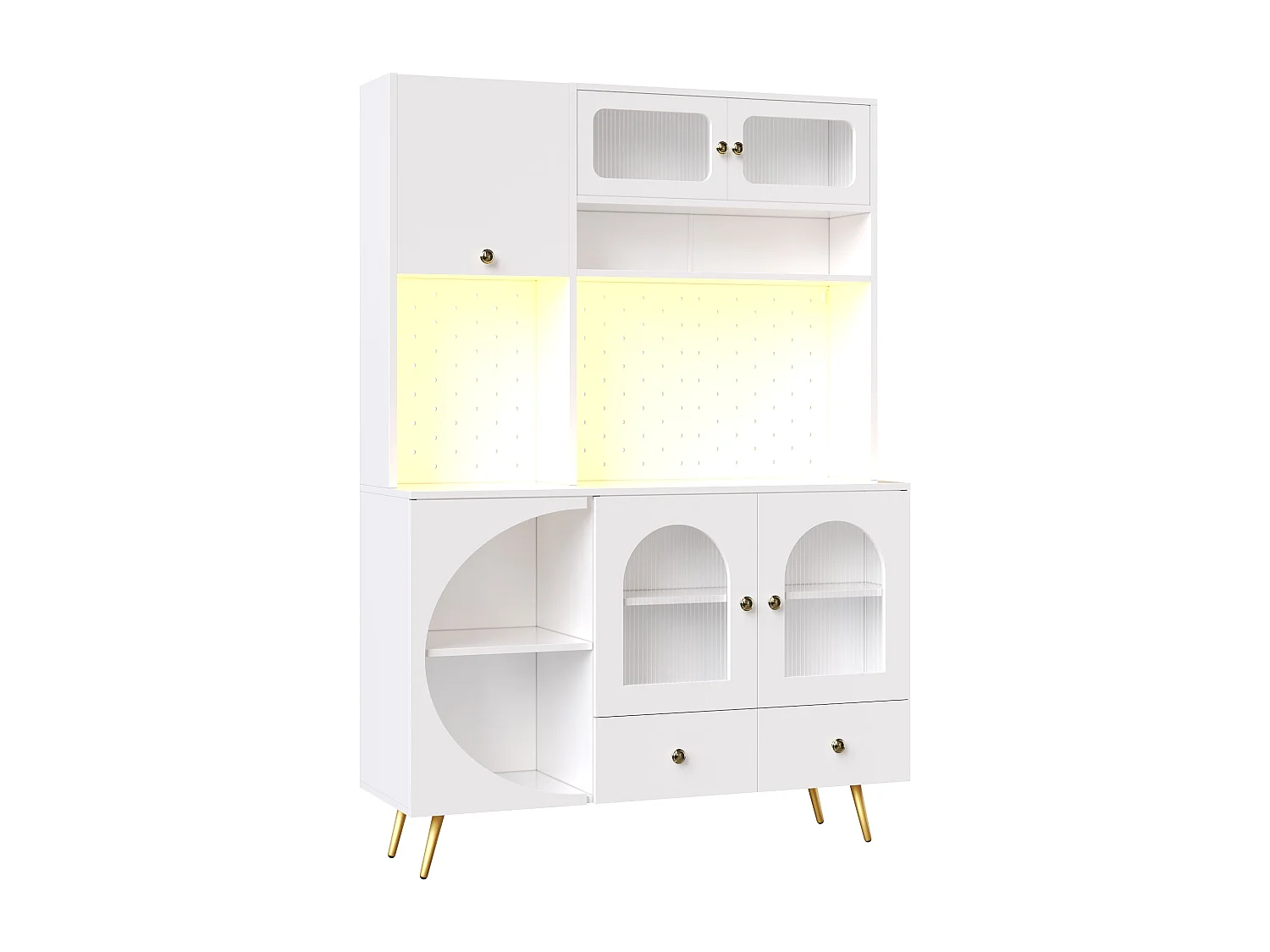 Buffet de cuisine avec LED, prises USB et panneau perforé, 2 tiroirs - Blanc 120x40x176 cm