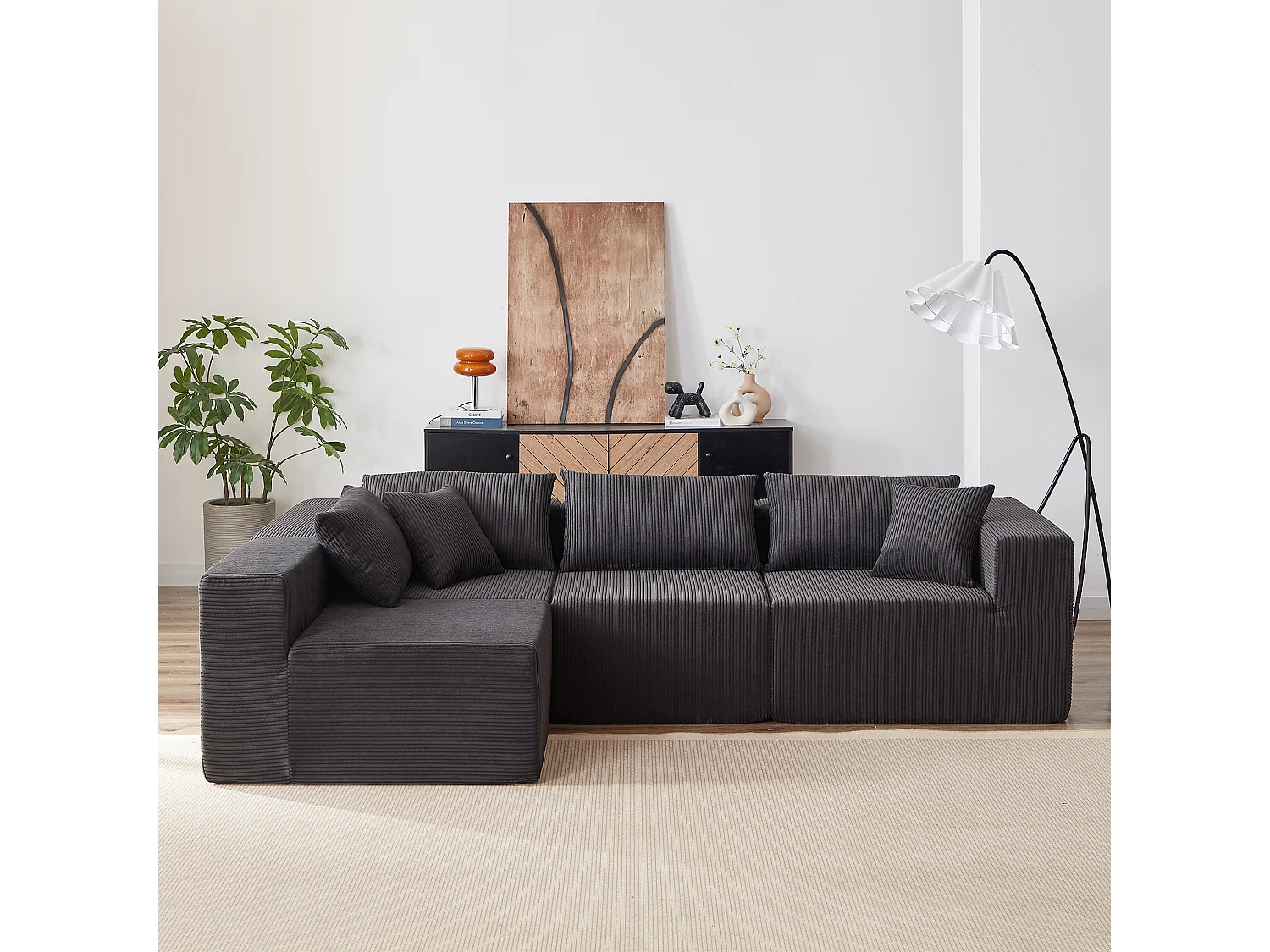Canapé d'angle modulable 4 places en velours côtelé noir - 4 pièces