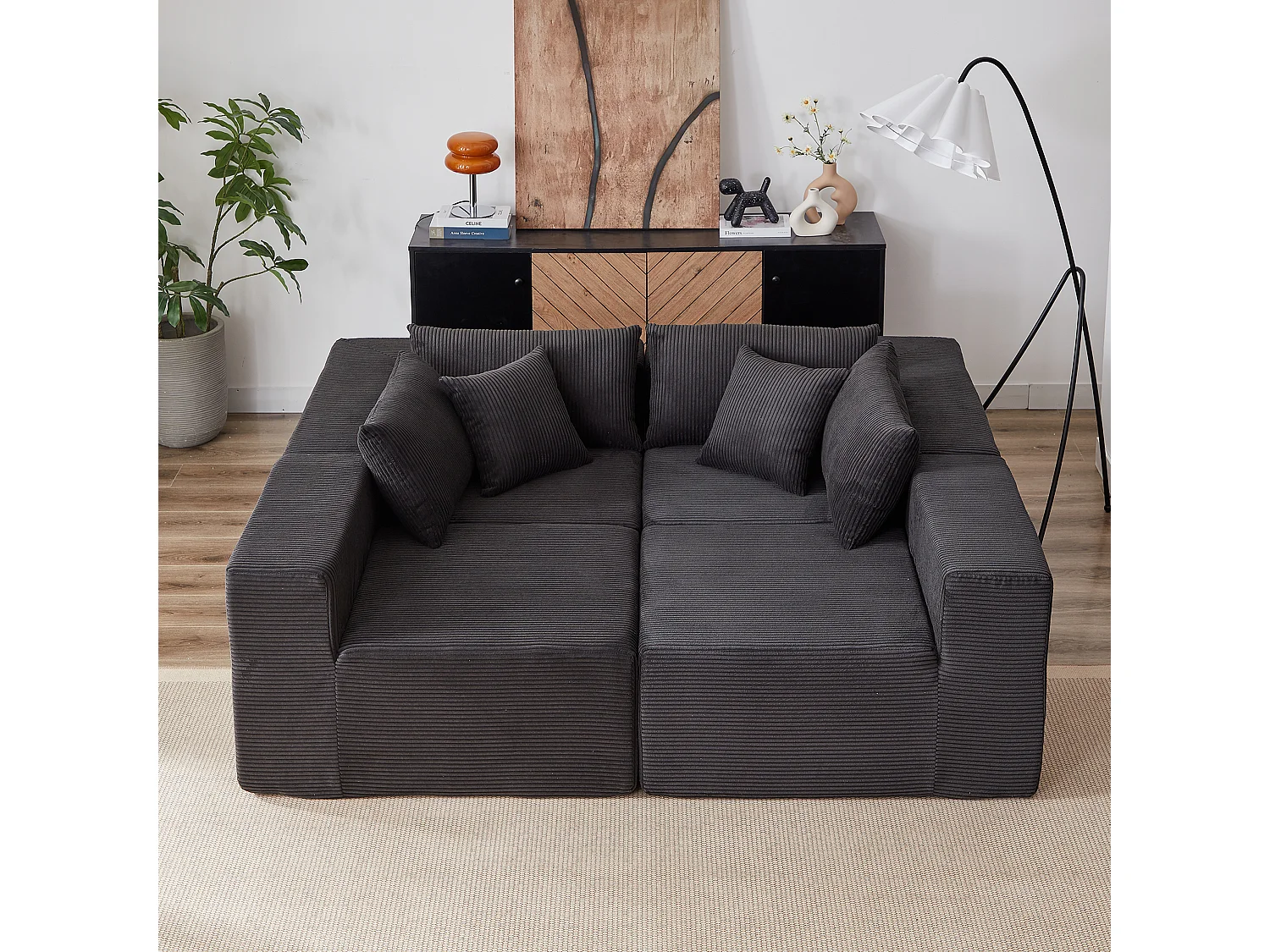 Canapé d'angle modulable 4 places en velours côtelé noir - 4 pièces