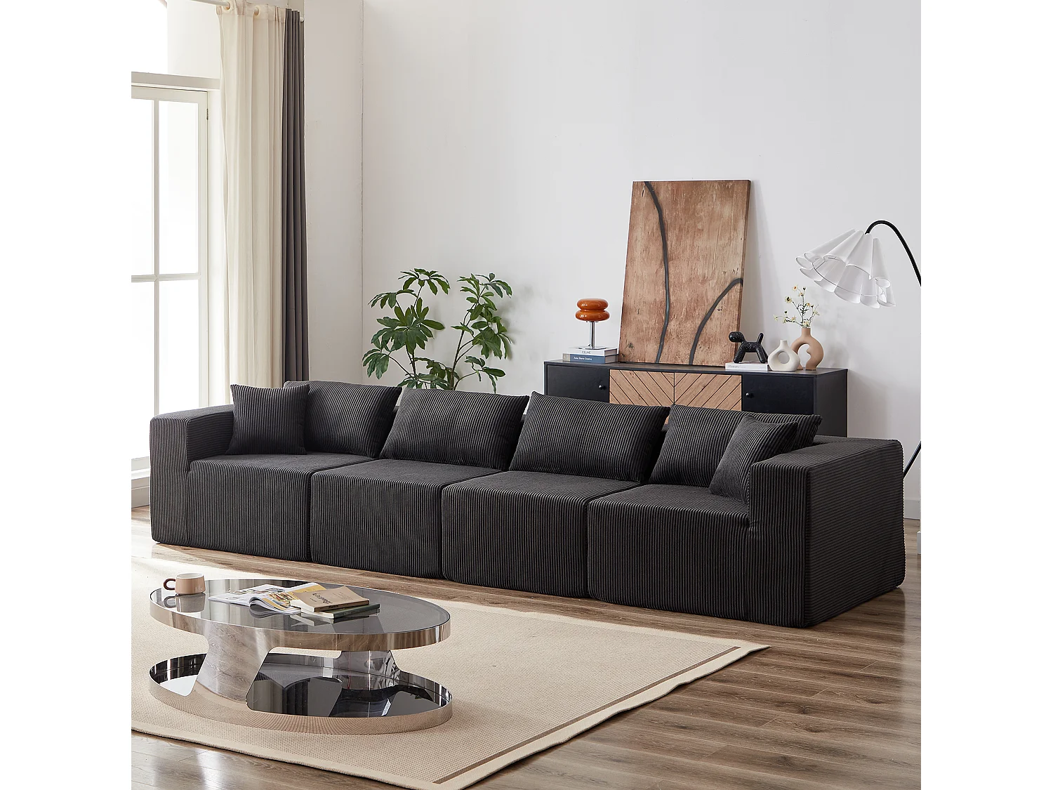 Canapé d'angle modulable 4 places en velours côtelé noir - 4 pièces