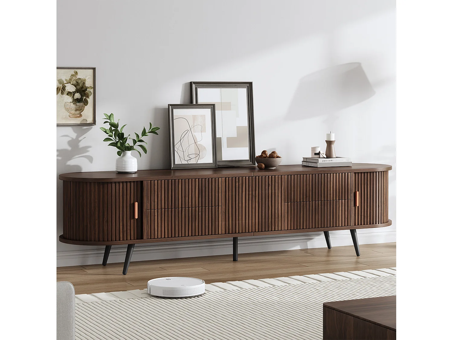 Ovaal tv-meubel met 4 lades en 3 deuren - Donker walnoot 180x40x45 cm