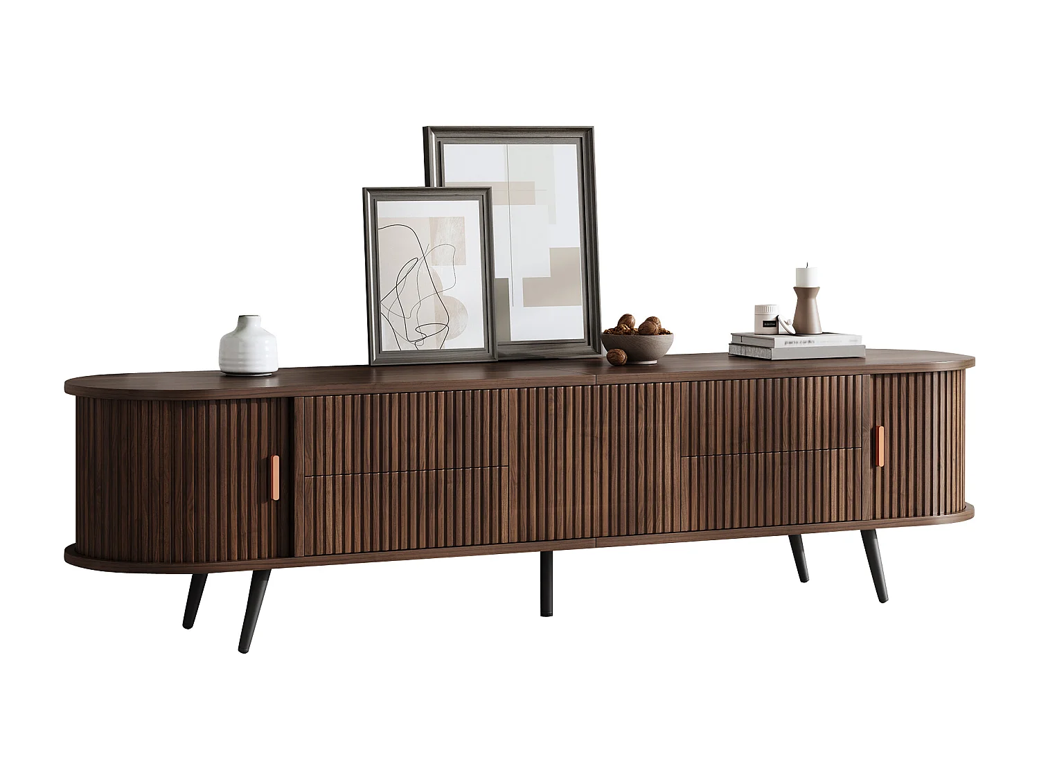 Ovaal tv-meubel met 4 lades en 3 deuren - Donker walnoot 180x40x45 cm