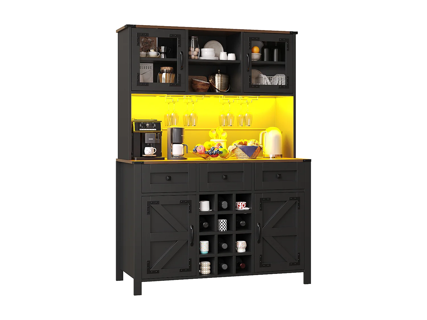 Buffet de cuisine avec LED, ports USB et prises, 4 portes et 3 tiroirs, noir