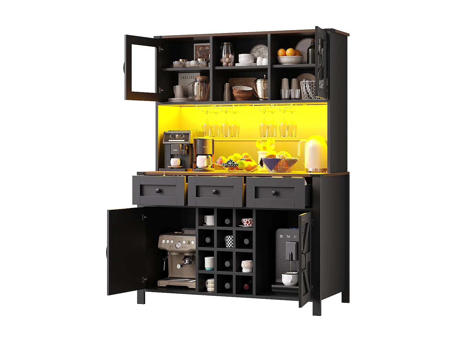 Buffet de cuisine avec LED, ports USB et prises, 4 portes et 3 tiroirs, noir