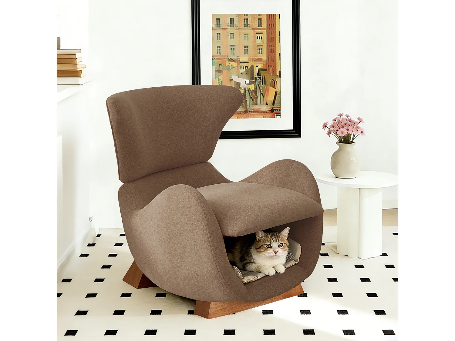 Fauteuil design style requin-baleine avec niche pour animal, tissu marron