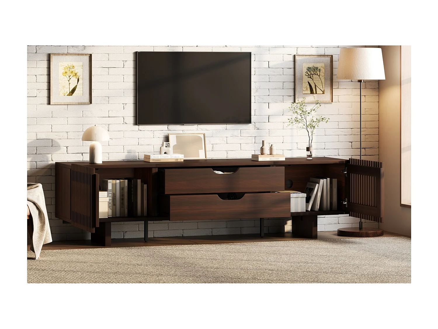 Tv-meubel 180 x 40 x 45 cm met 2 lades en 2 deuren - Donker walnootkleur