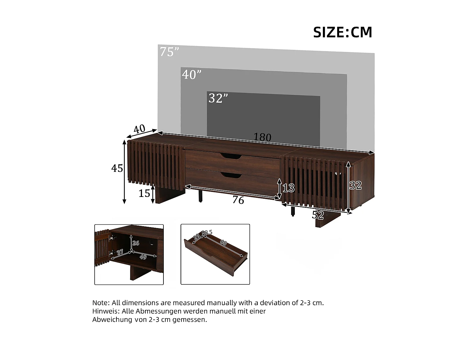 Tv-meubel 180 x 40 x 45 cm met 2 lades en 2 deuren - Donker walnootkleur