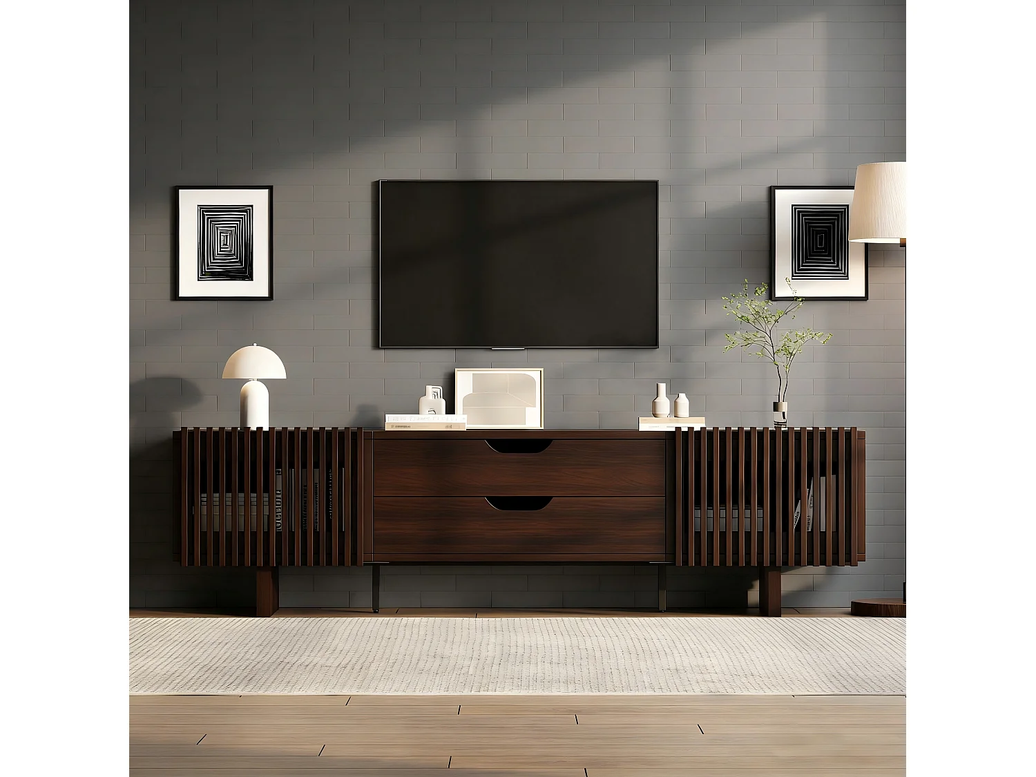 Tv-meubel 180 x 40 x 45 cm met 2 lades en 2 deuren - Donker walnootkleur