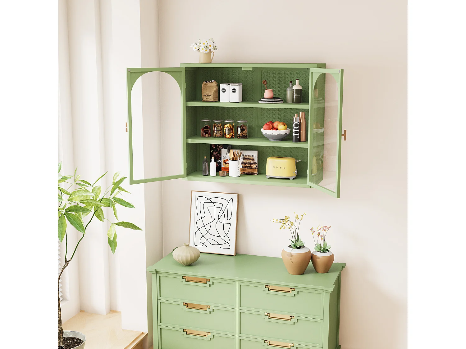Armoire murale avec 2 portes vitrées - Motif tissé , vert