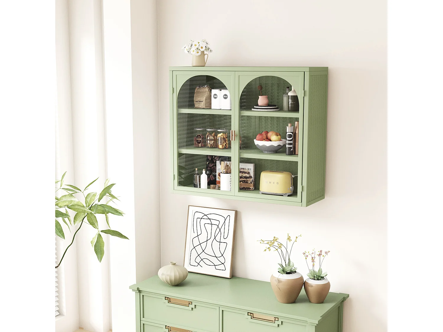 Armoire murale avec 2 portes vitrées - Motif tissé , vert