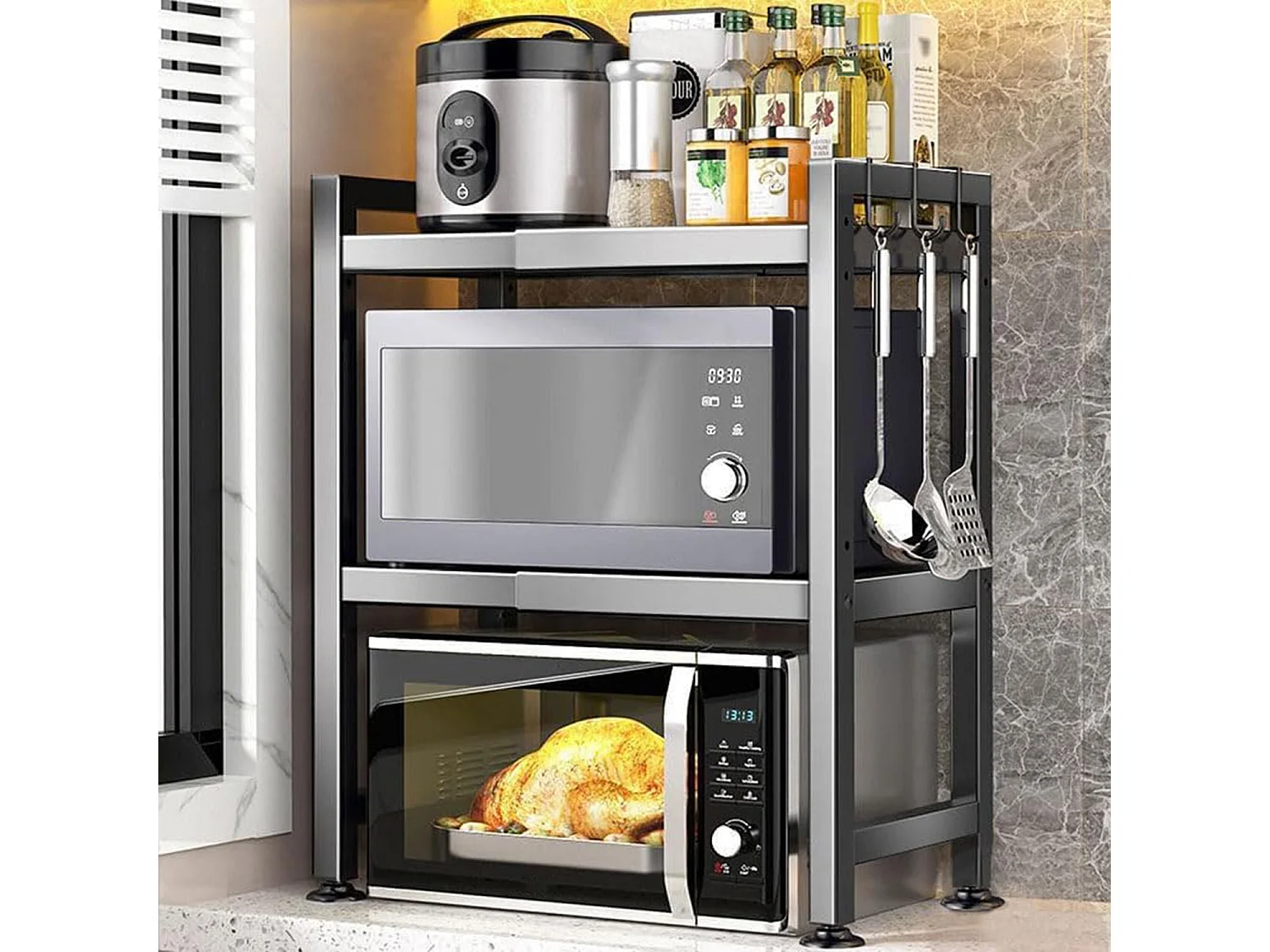 Étagère de rangement de cuisine en métal noir - double niveau extensible + 6 crochets