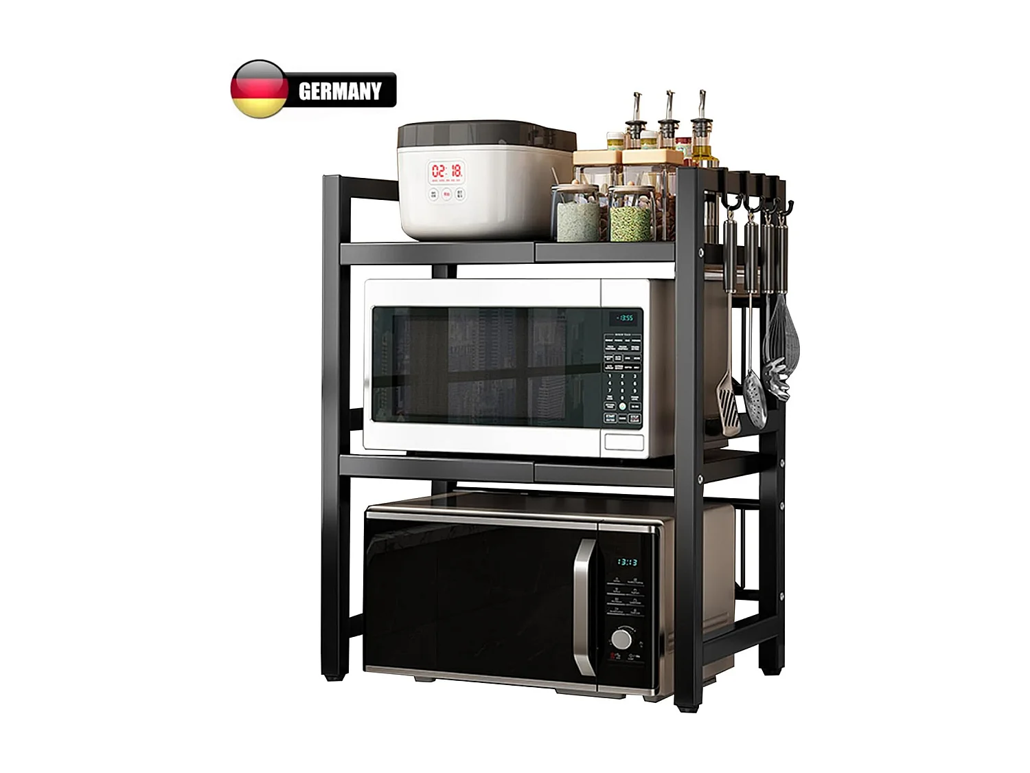 Étagère de rangement de cuisine en métal noir - double niveau extensible + 6 crochets