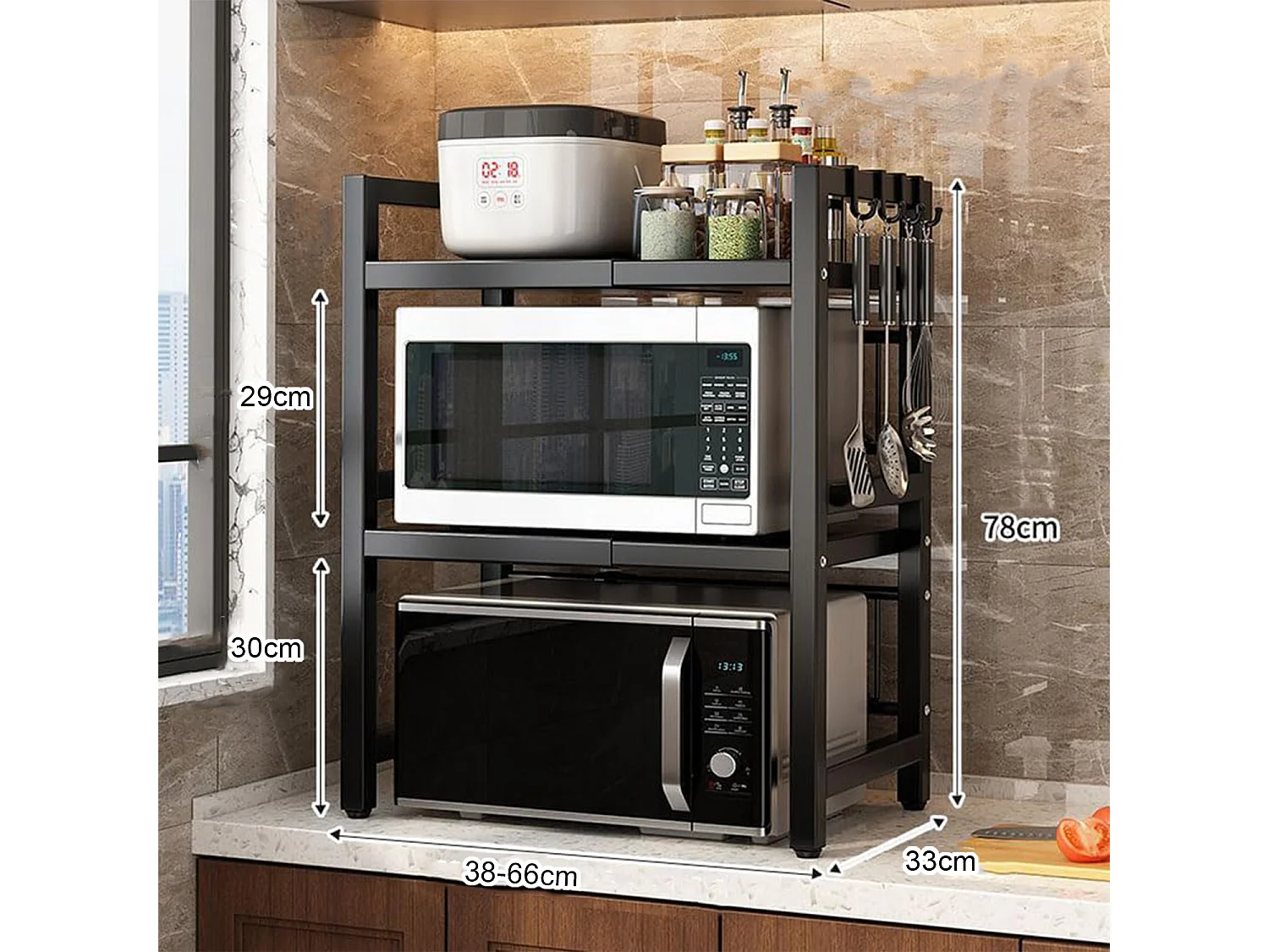 Étagère de rangement de cuisine en métal noir - double niveau extensible + 6 crochets