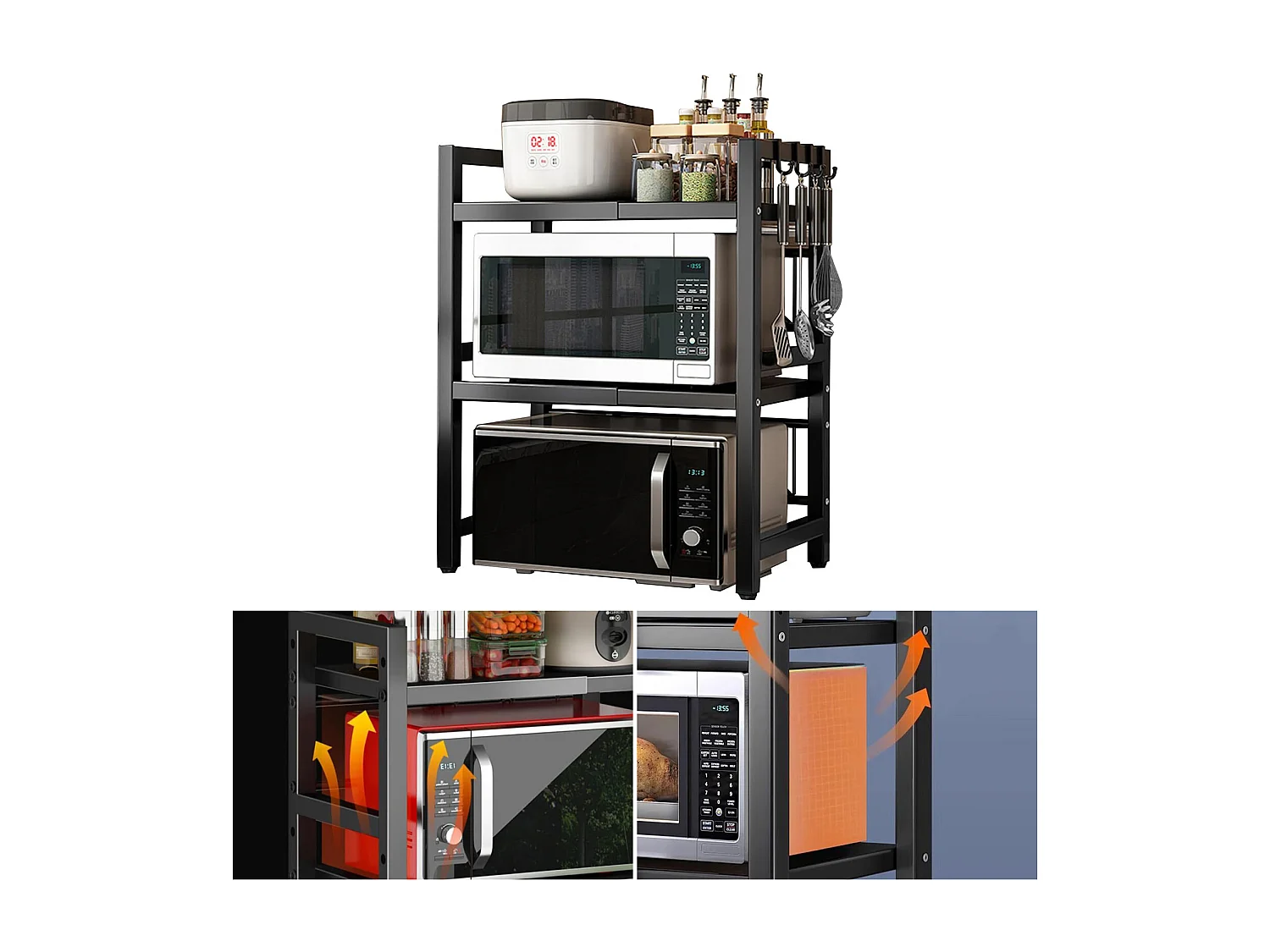 Étagère de rangement de cuisine en métal noir - double niveau extensible + 6 crochets