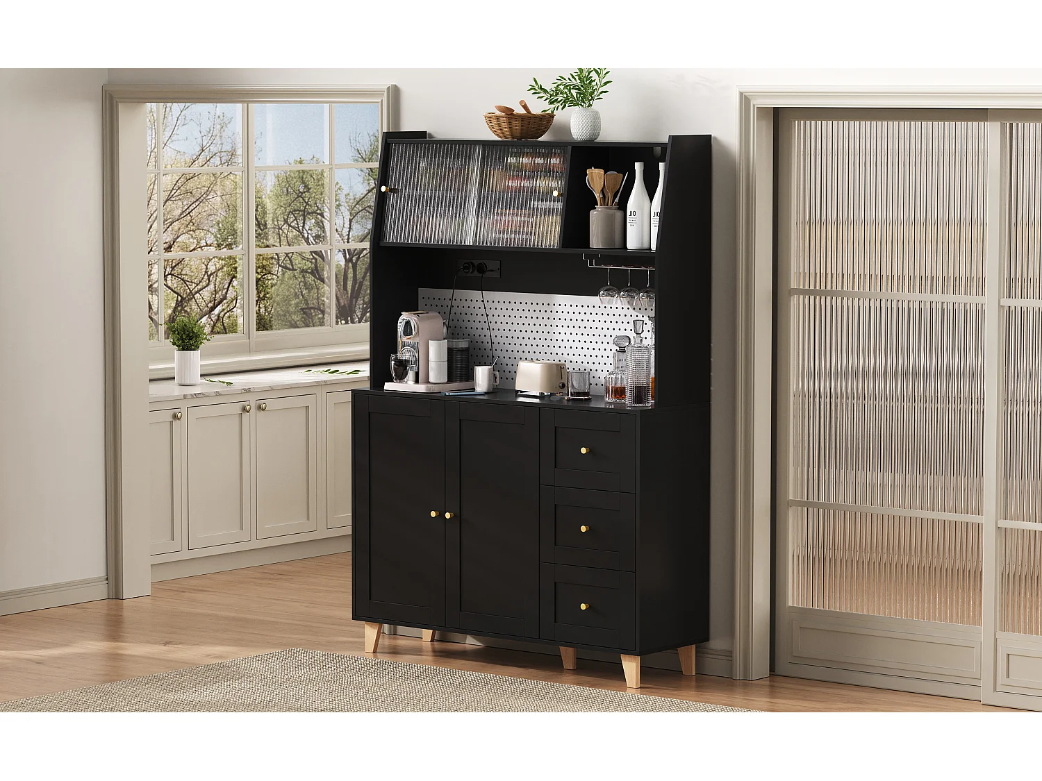 Buffet de cuisine noir avec ports de charge, 3 tiroirs, armoire et 2 portes coulissantes