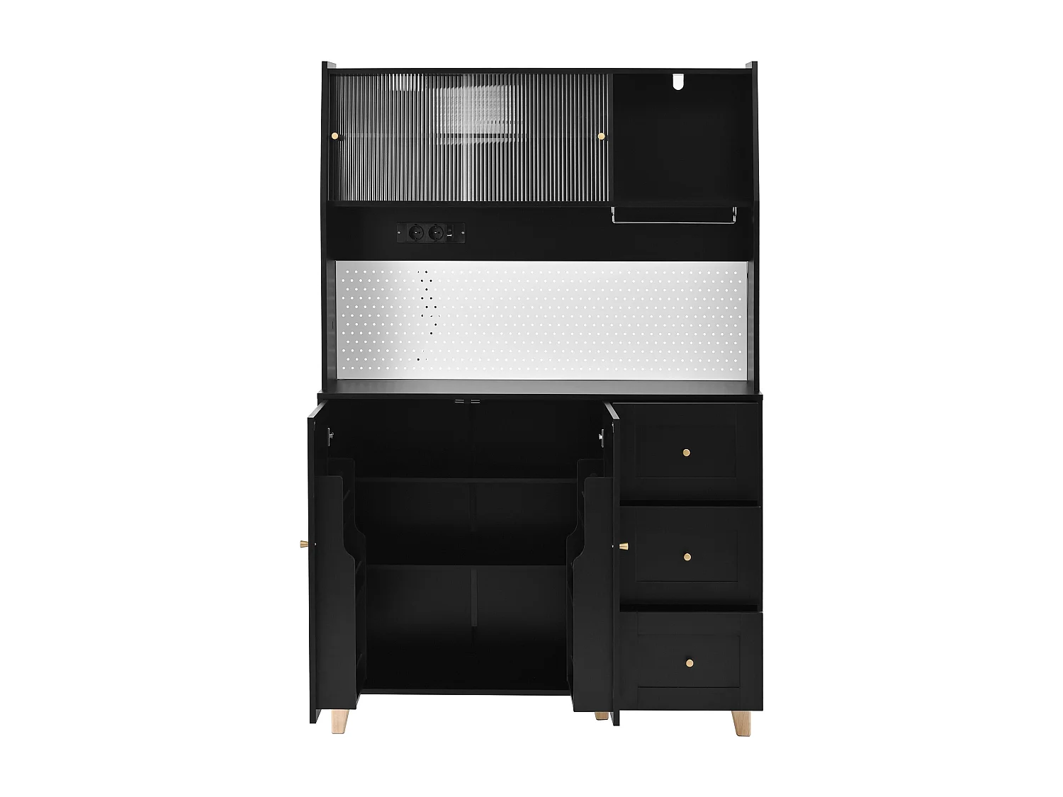 Buffet de cuisine noir avec ports de charge, 3 tiroirs, armoire et 2 portes coulissantes