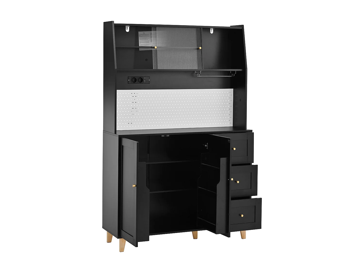 Buffet de cuisine noir avec ports de charge, 3 tiroirs, armoire et 2 portes coulissantes