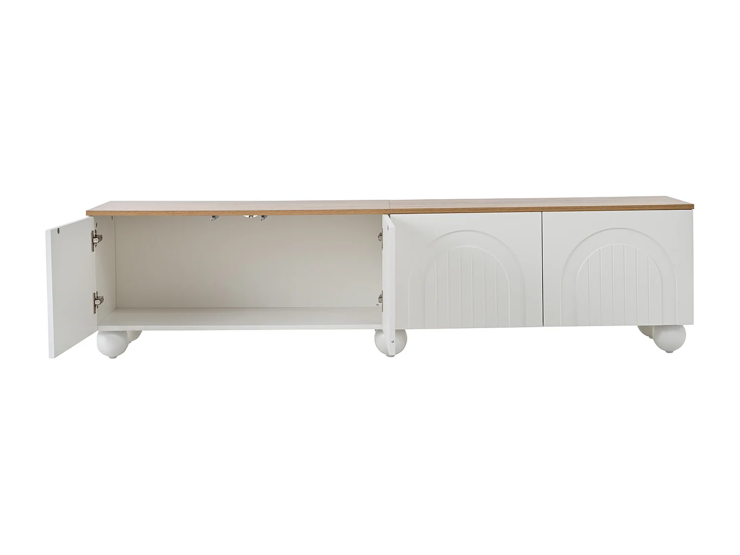 TV-meubel 180 x 40 x 45 cm met 4 deuren en metalen bolpoten - Hout en witte kleur