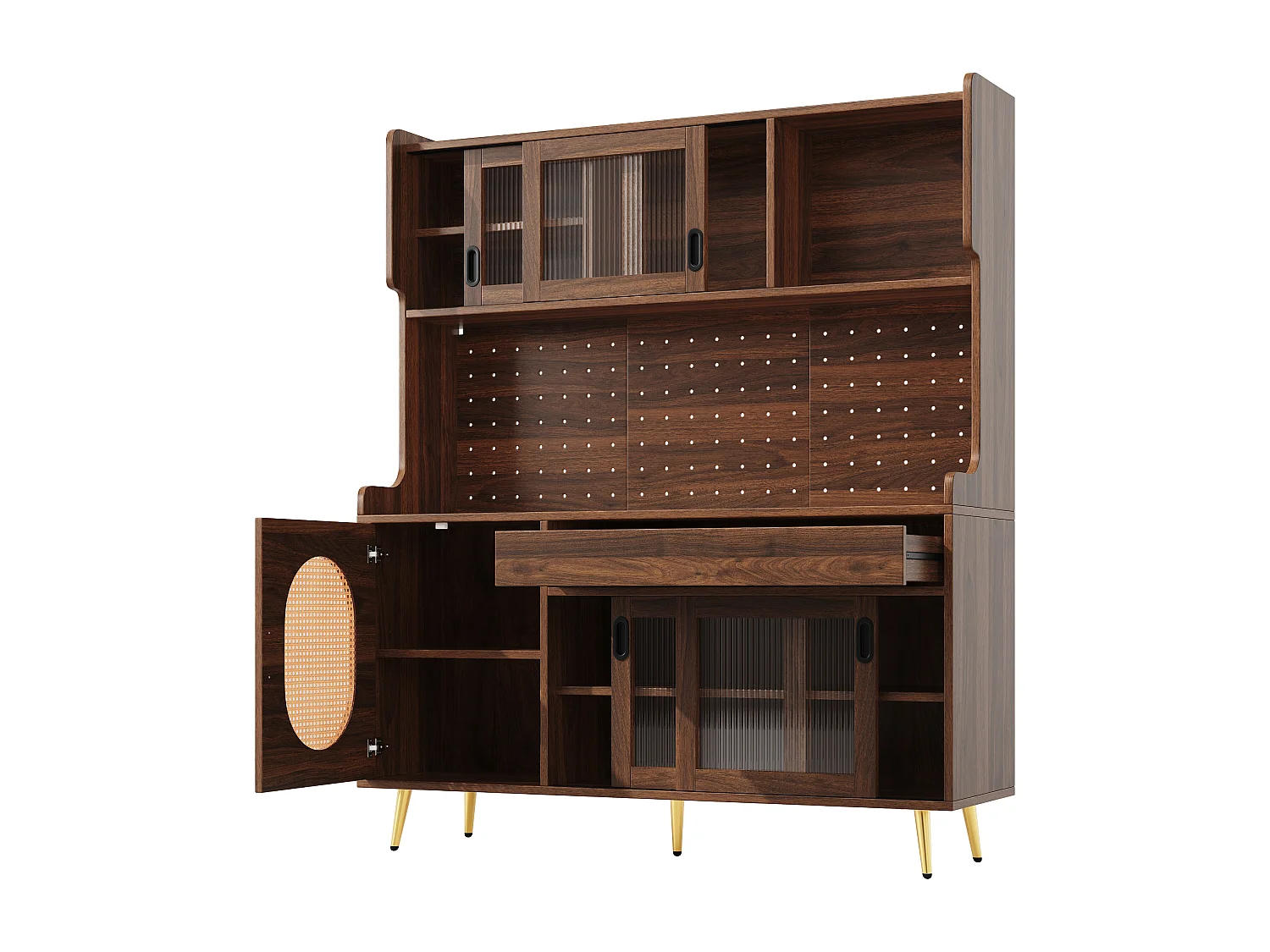 Buffet de cuisine en MDF avec LED et portes coulissante en verre - Marron145 x 39 x 171 cm